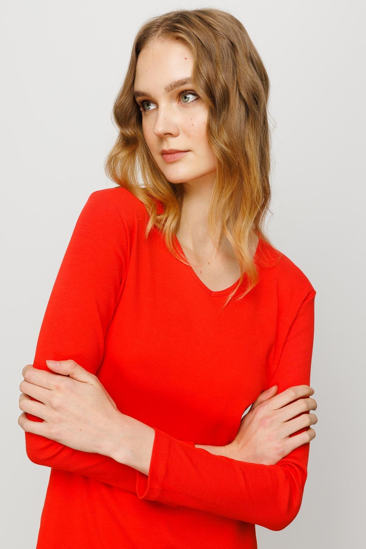 23754Kadın V Yaka Kaşkorse Pamuklu  Bluz Oranj