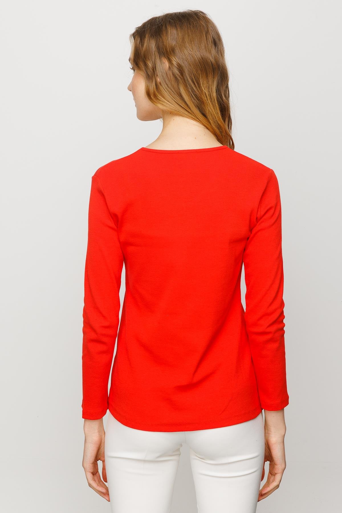 23754Kadın V Yaka Kaşkorse Pamuklu  Bluz Oranj