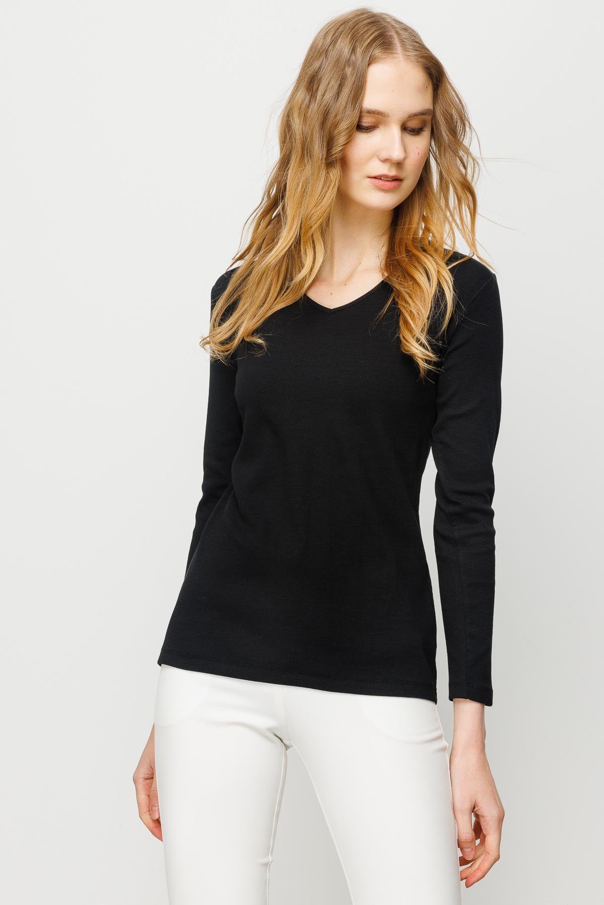 23754Kadın V Yaka Kaşkorse Pamuklu  Bluz Siyah