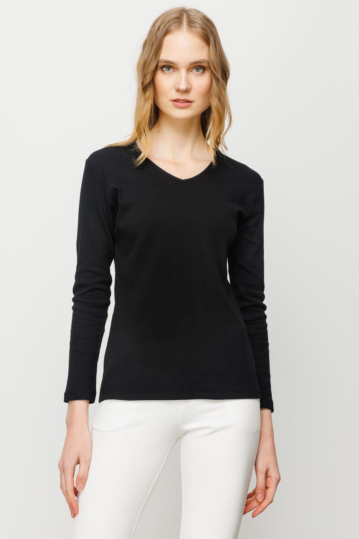 23754Kadın V Yaka Kaşkorse Pamuklu  Bluz Siyah