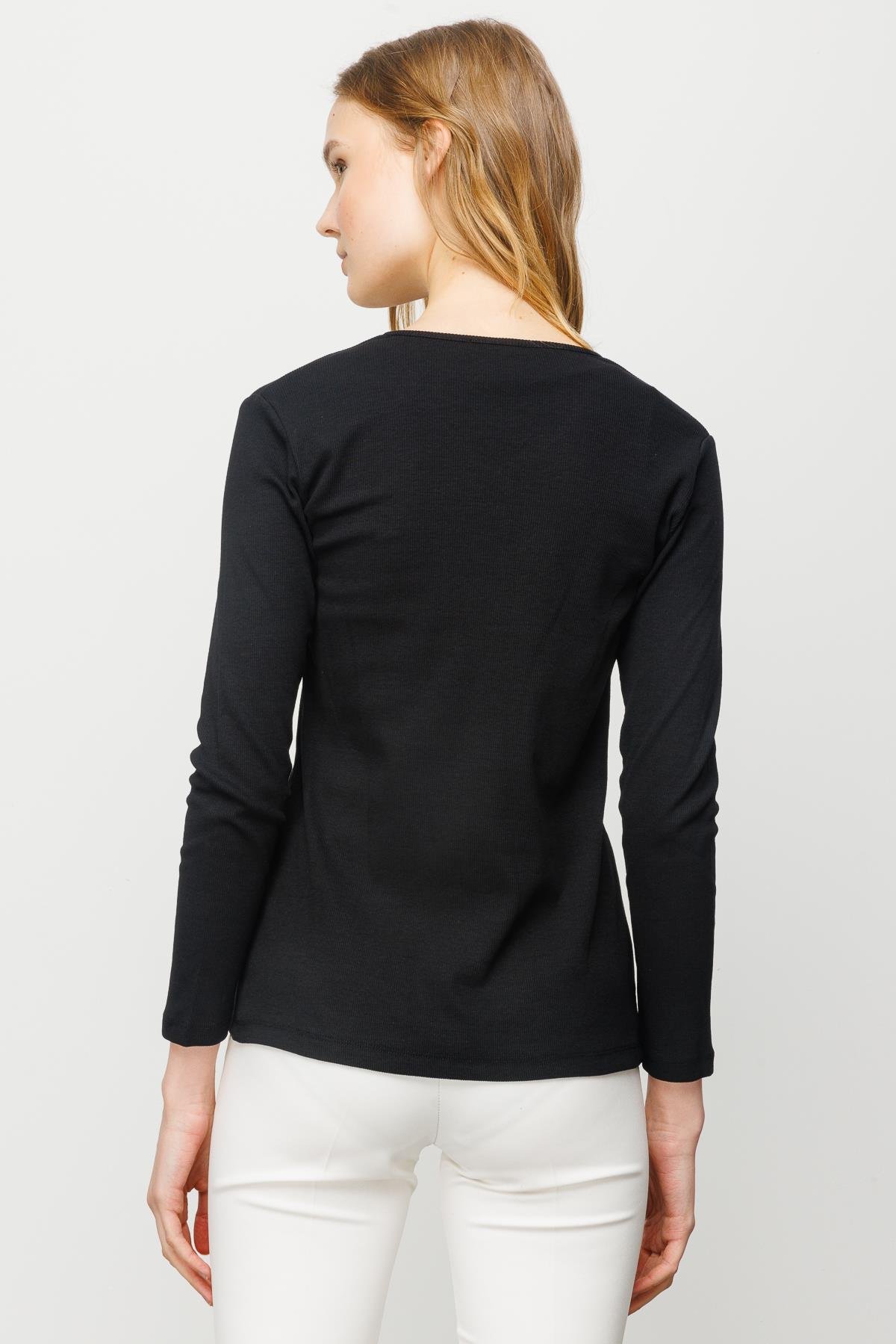 23754Kadın V Yaka Kaşkorse Pamuklu  Bluz Siyah