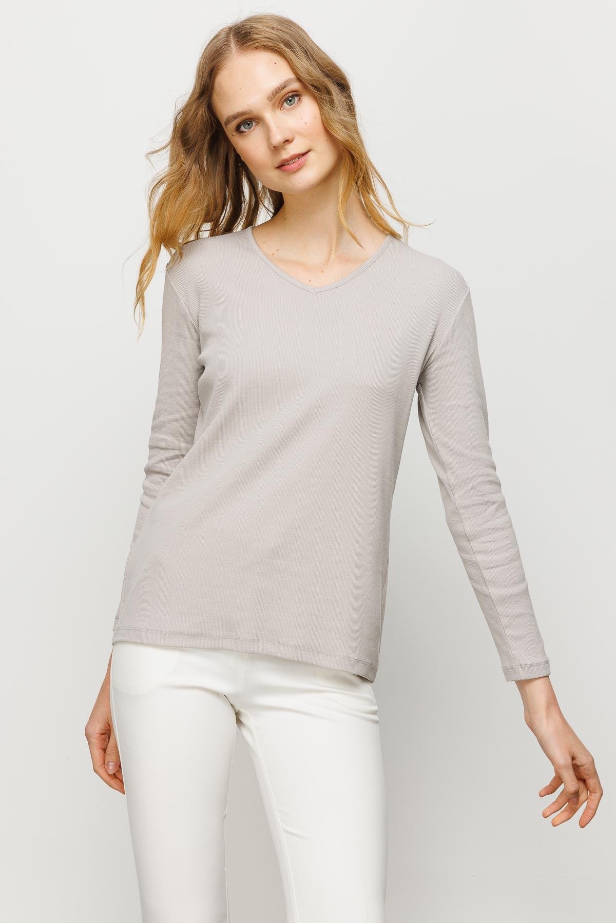 23754Kadın V Yaka Kaşkorse Pamuklu  Bluz Taş