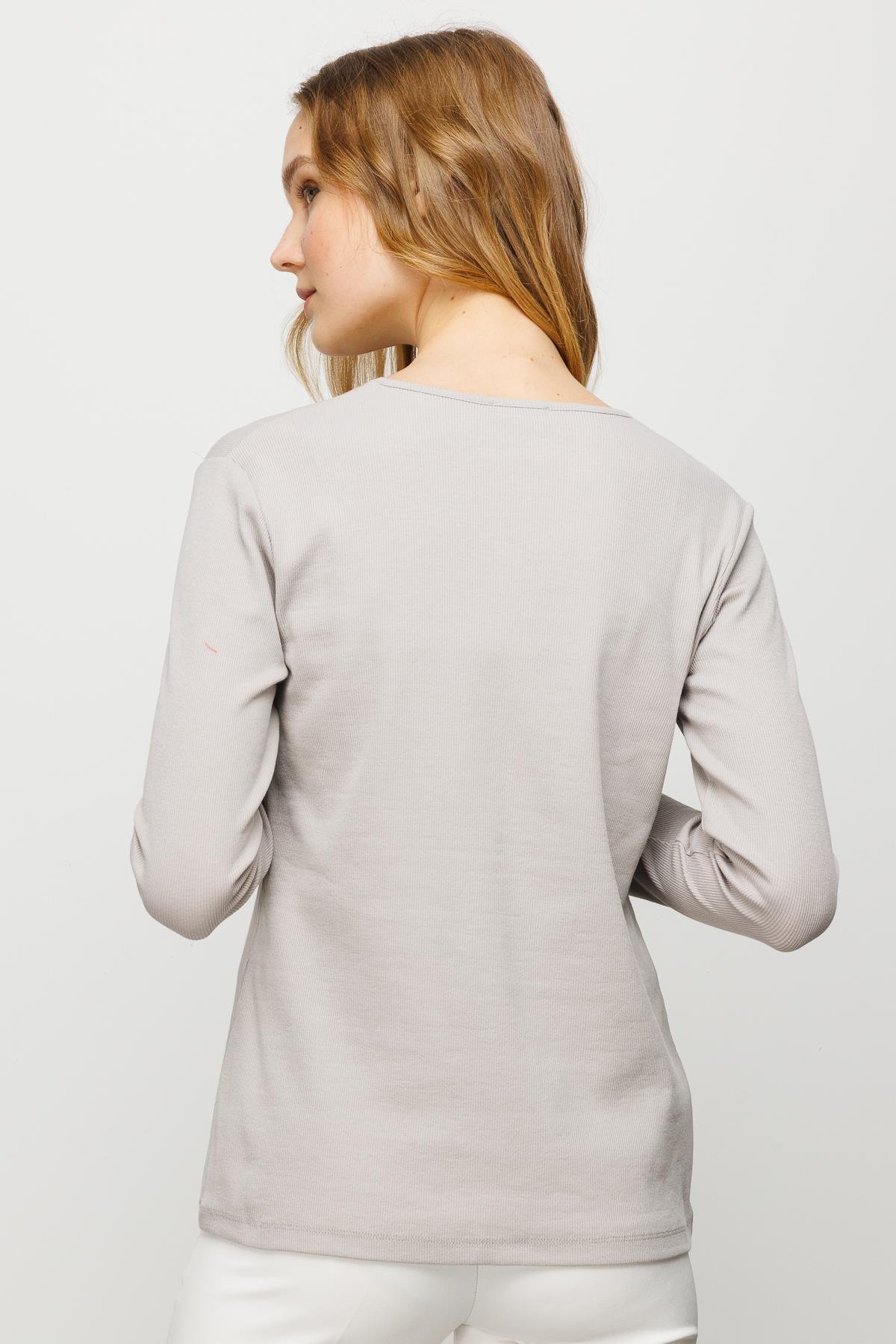 23754Kadın V Yaka Kaşkorse Pamuklu  Bluz Taş