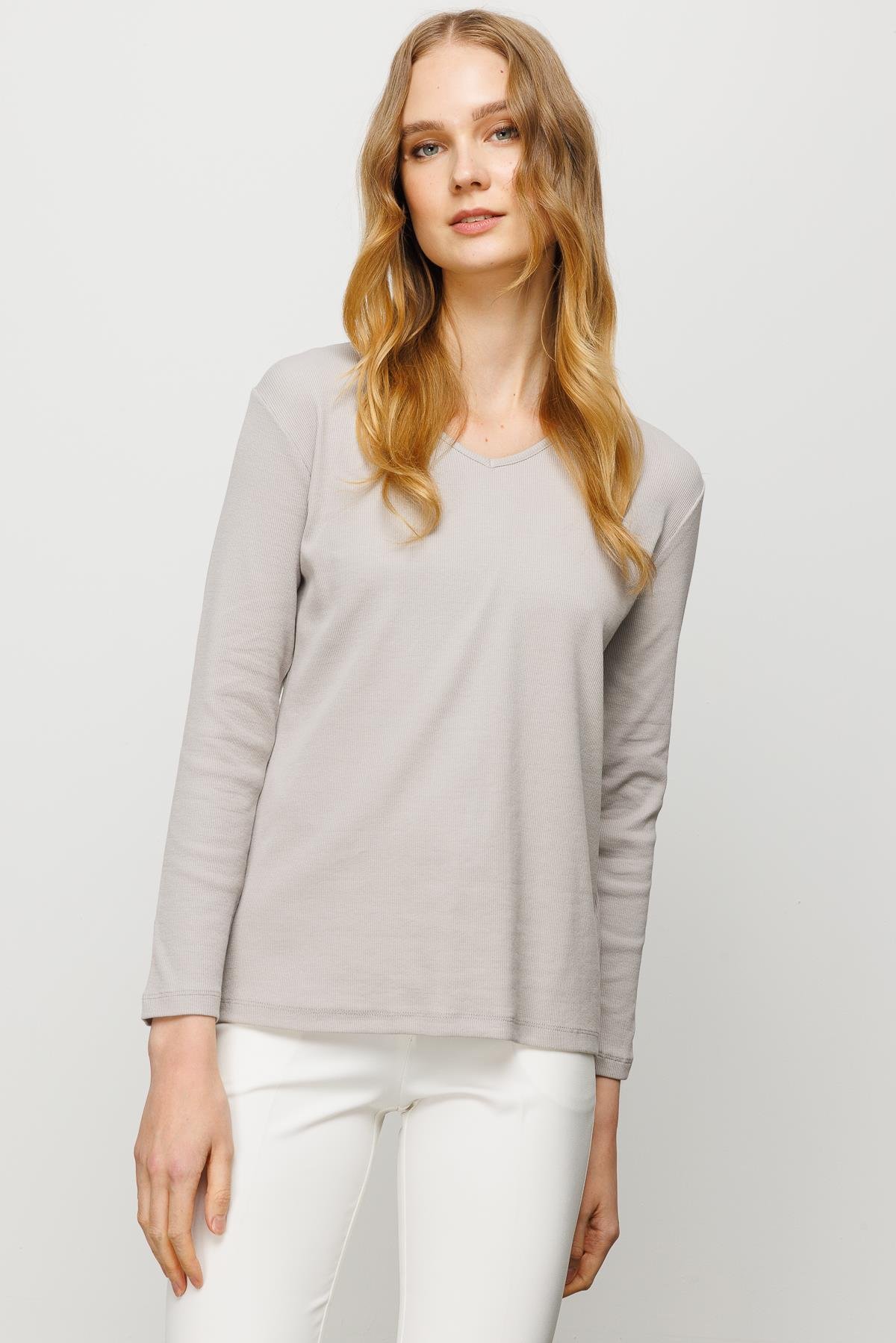 23754Kadın V Yaka Kaşkorse Pamuklu  Bluz Taş