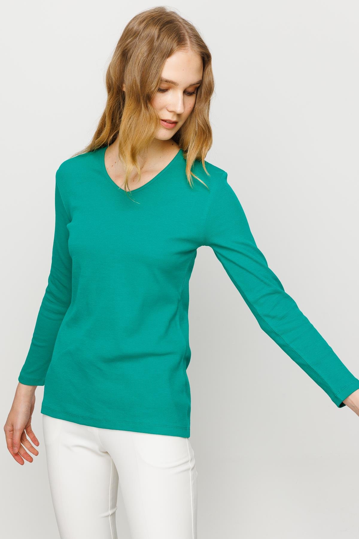 23754Kadın V Yaka Kaşkorse Pamuklu  Bluz Yeşil