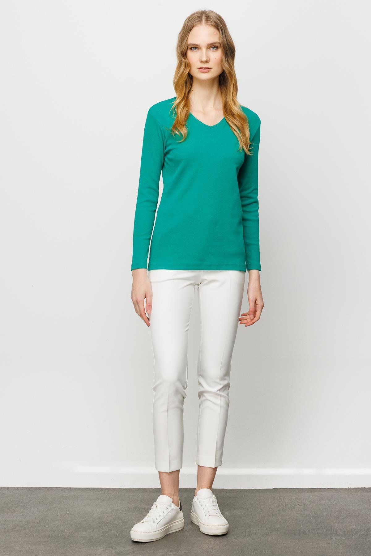 23754Kadın V Yaka Kaşkorse Pamuklu  Bluz Yeşil