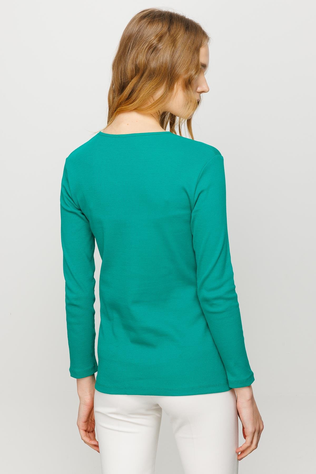 23754Kadın V Yaka Kaşkorse Pamuklu  Bluz Yeşil