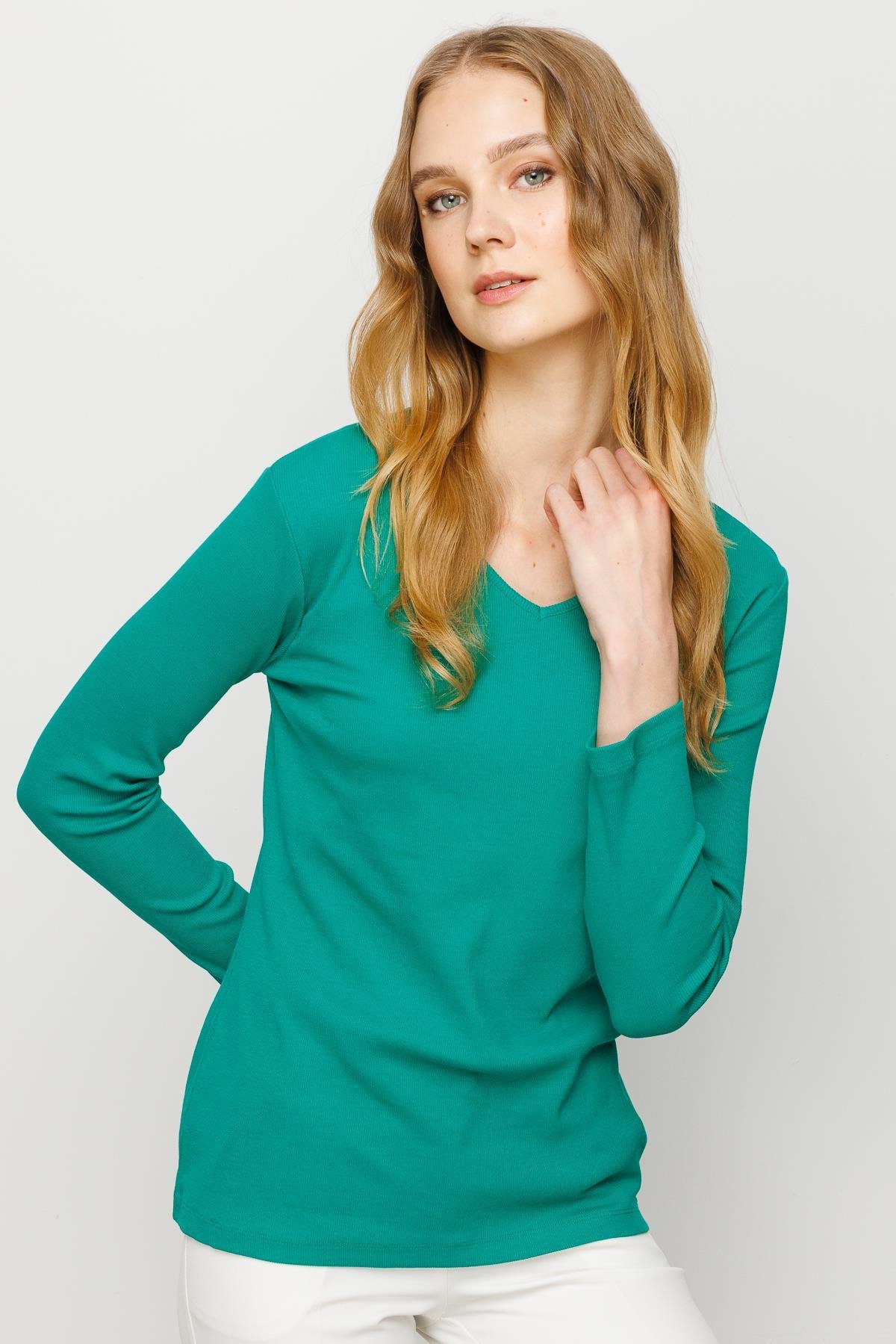 23754Kadın V Yaka Kaşkorse Pamuklu  Bluz Yeşil