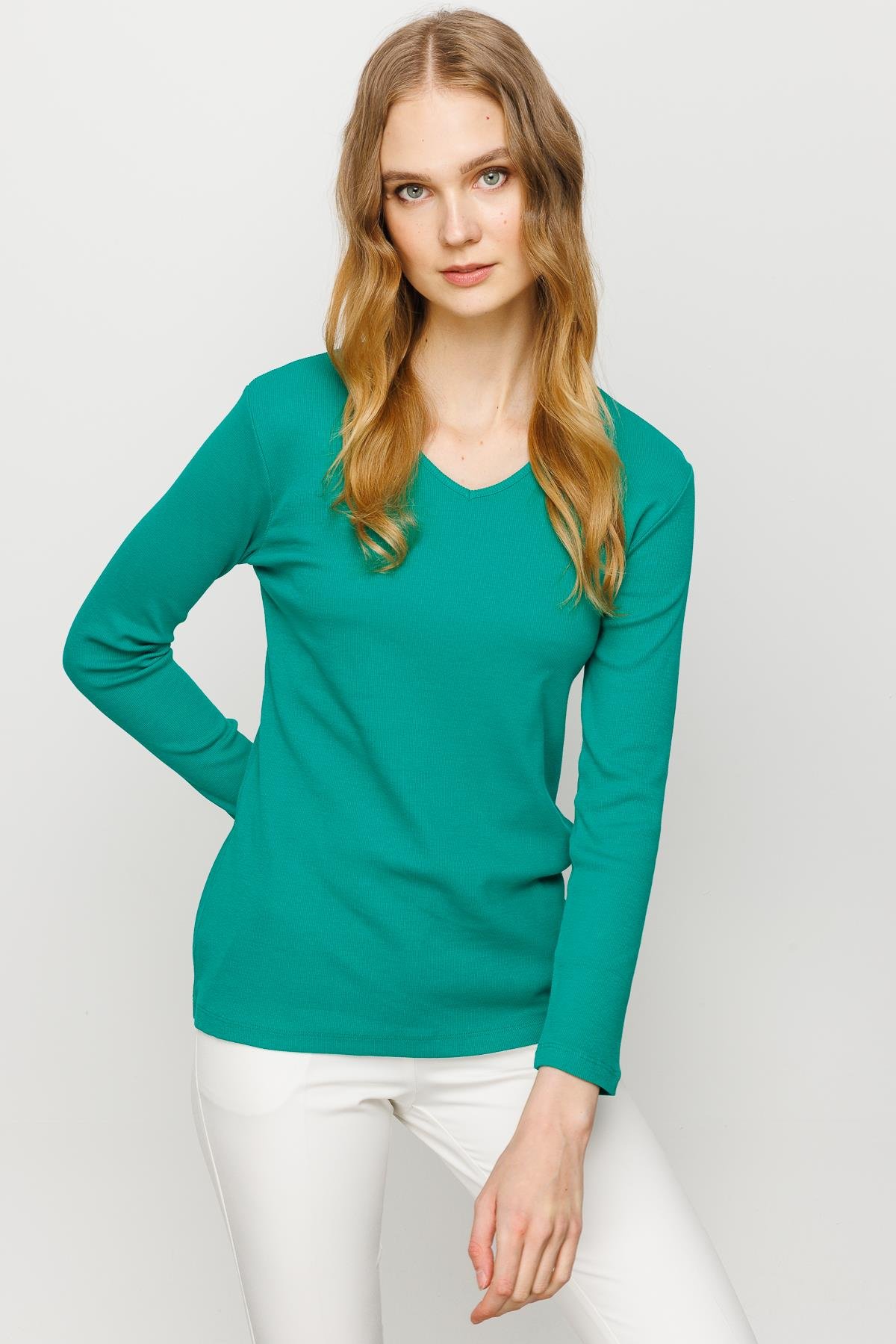 23754Kadın V Yaka Kaşkorse Pamuklu  Bluz Yeşil