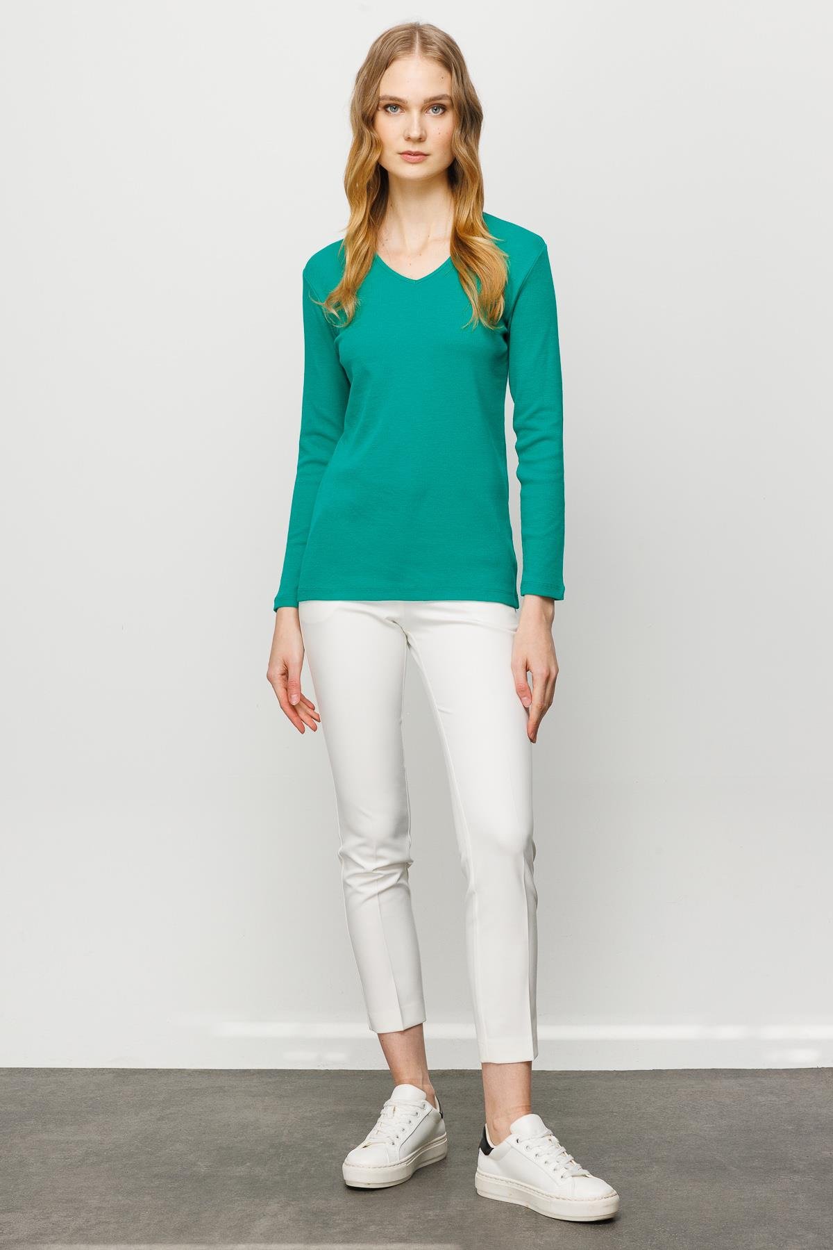 23754Kadın V Yaka Kaşkorse Pamuklu  Bluz Yeşil