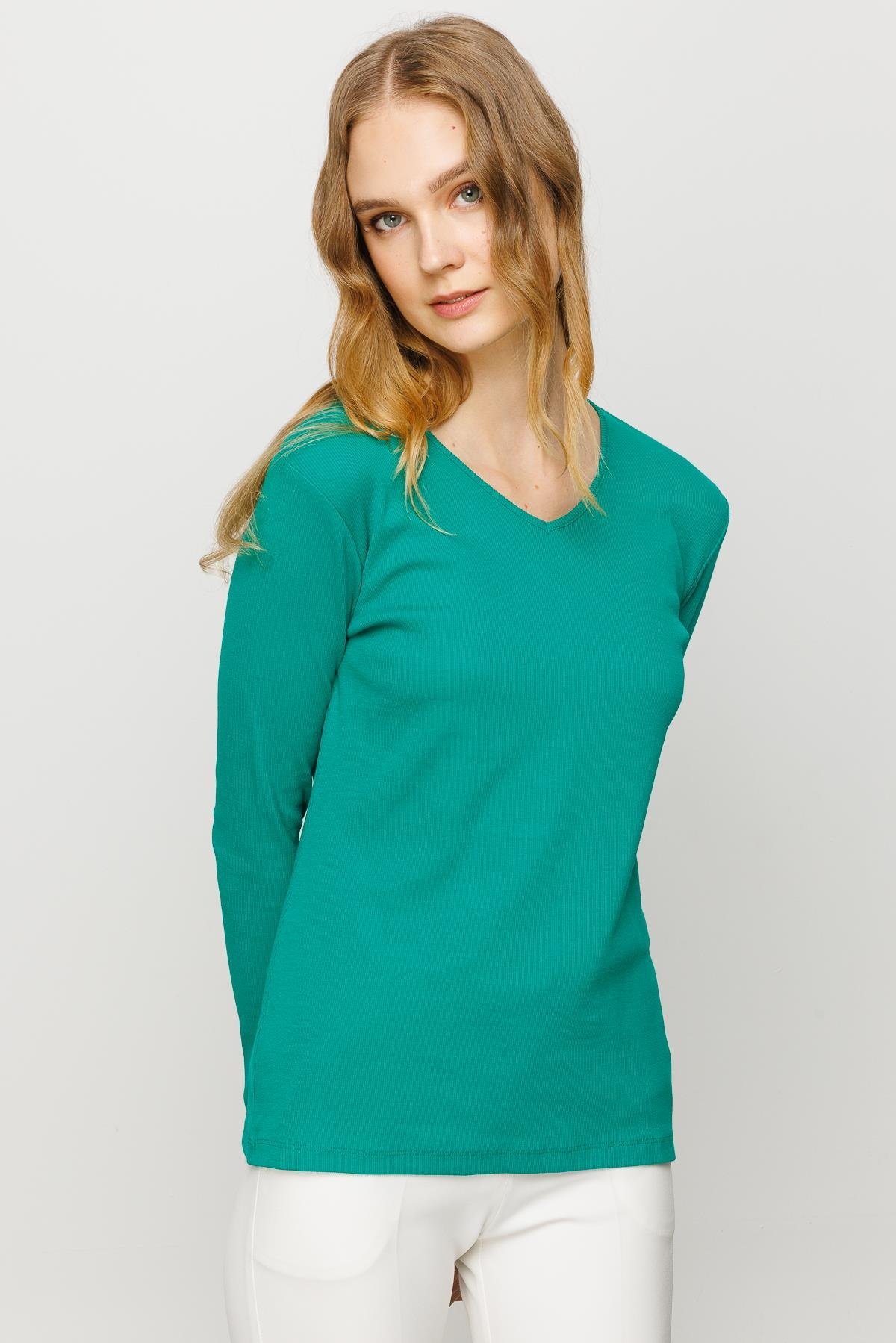 23754Kadın V Yaka Kaşkorse Pamuklu  Bluz Yeşil