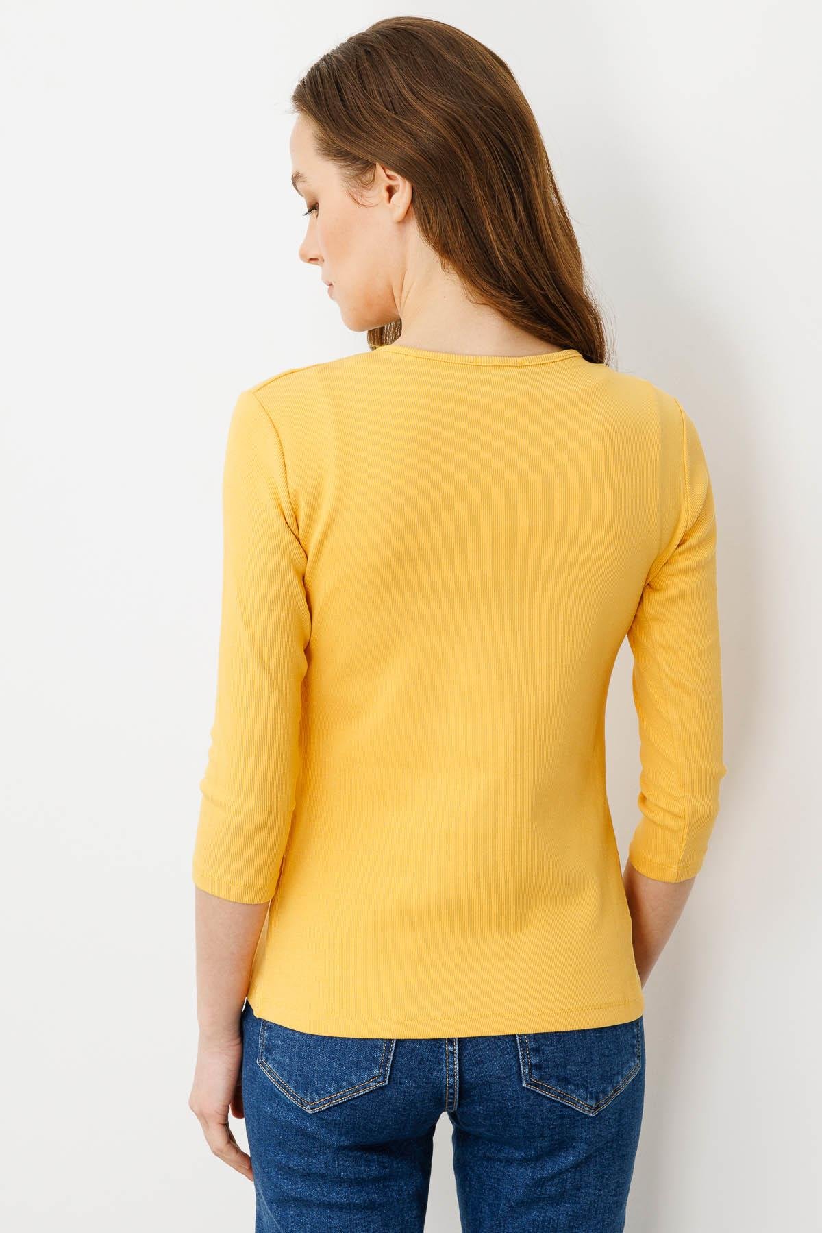 20794Kadın V Yaka Kaşkorse Penye Bluz Hardal