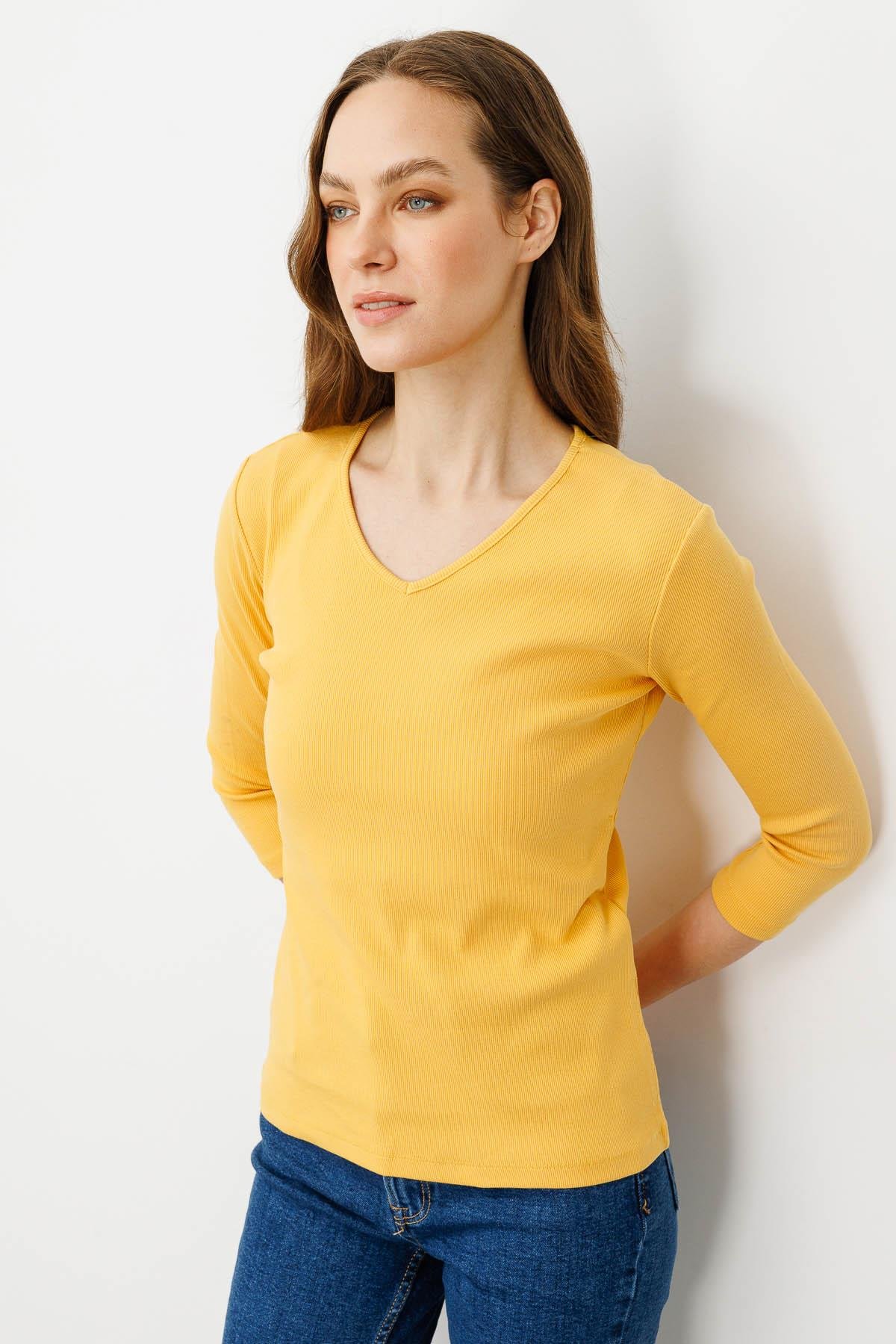 20794Kadın V Yaka Kaşkorse Penye Bluz Hardal