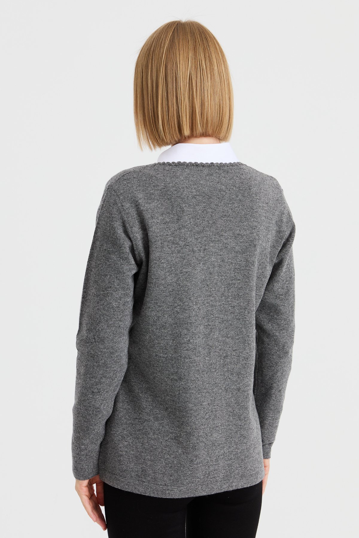 23004Kadın V Yaka Kenarı Dantel İşlemeli Yün Ceket Füme