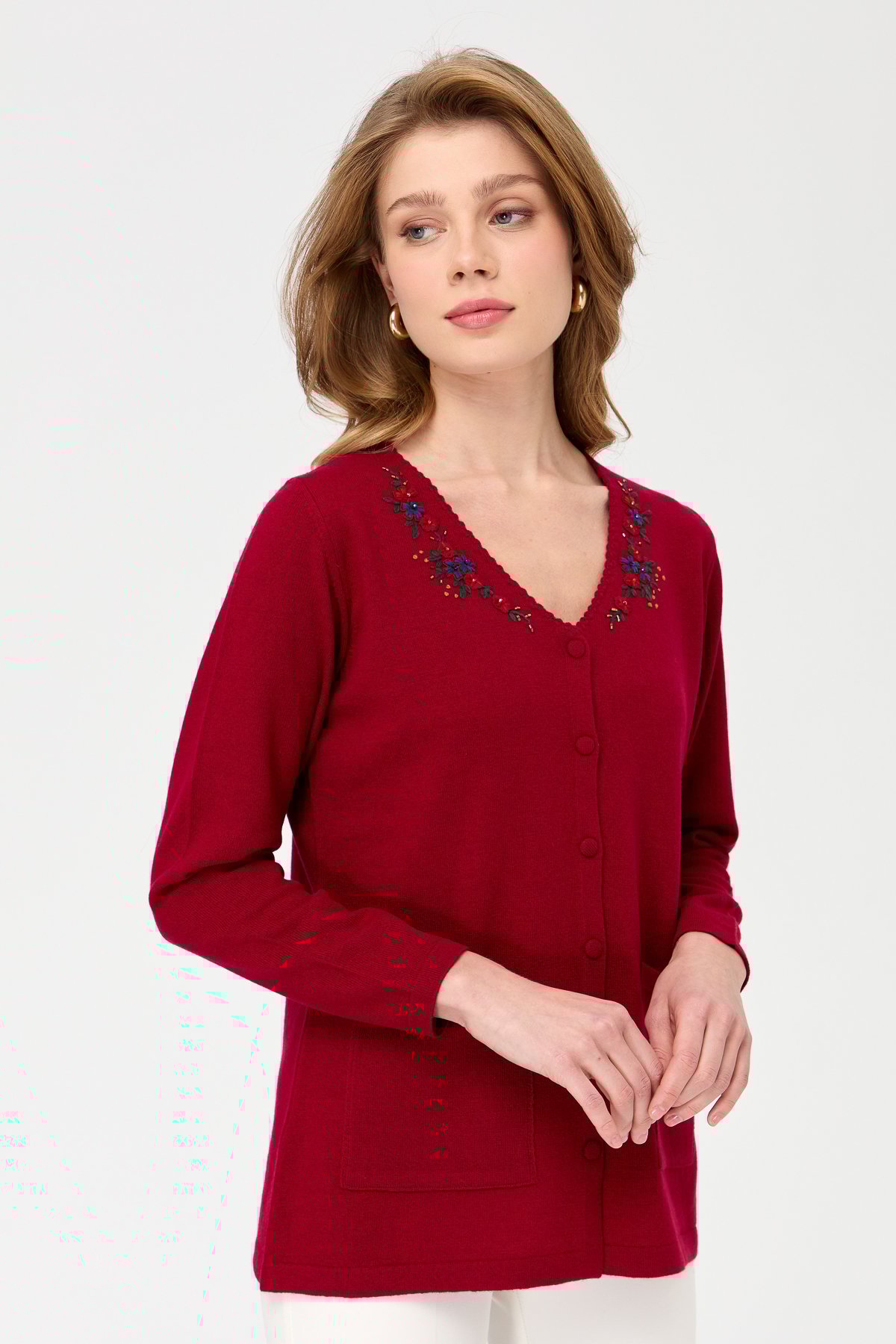 23004Женская шерстяная куртка с v-образным вырезом и кружевной вышивкой