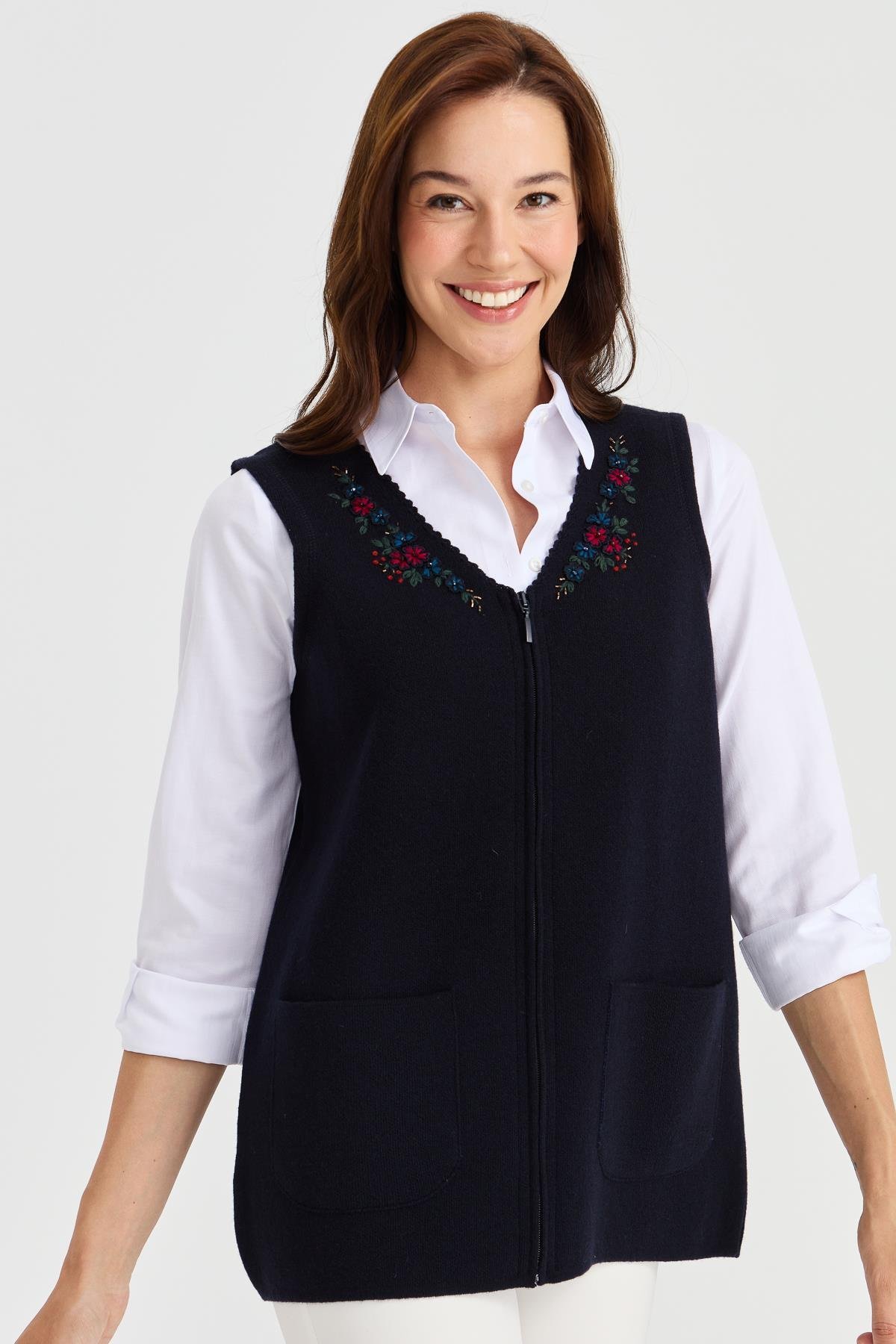 23001Kadın V Yaka Kenarı Dantel İşlemeli Yün Yelek K.Lacivert