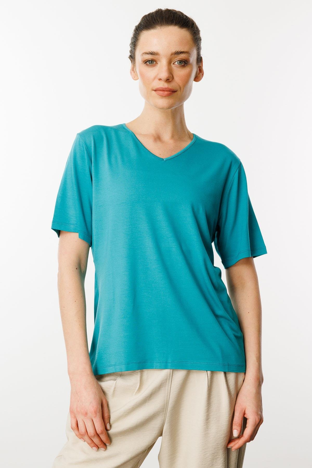 23788Kadın V Yaka Kısa Kollu Penye T-Shirt Yeşil