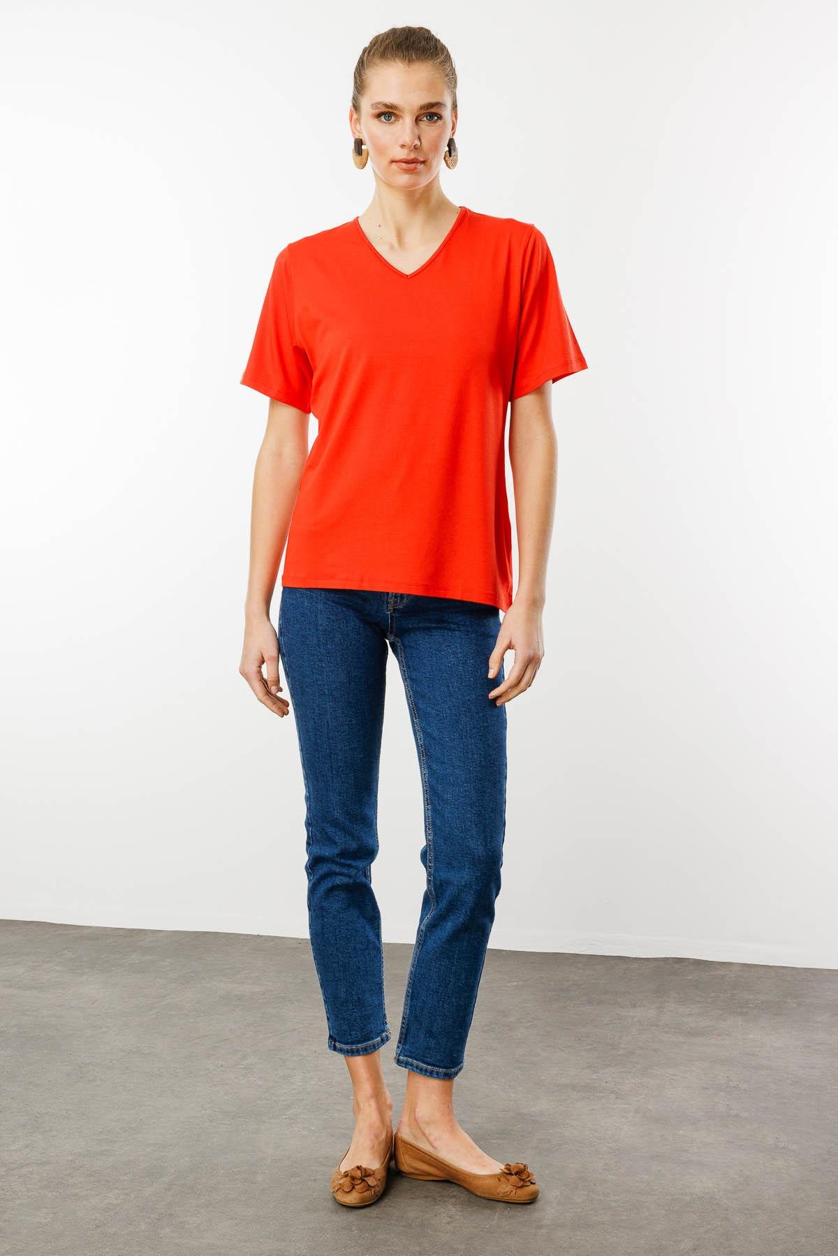 23788Kadın V Yaka Kısa Kollu Penye T-Shirt Oranj