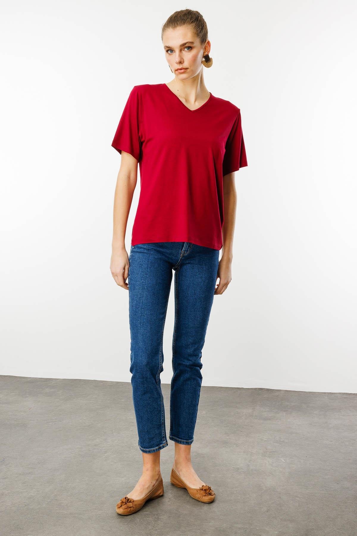 23788Kadın V Yaka Kısa Kollu Penye T-Shirt Bordo