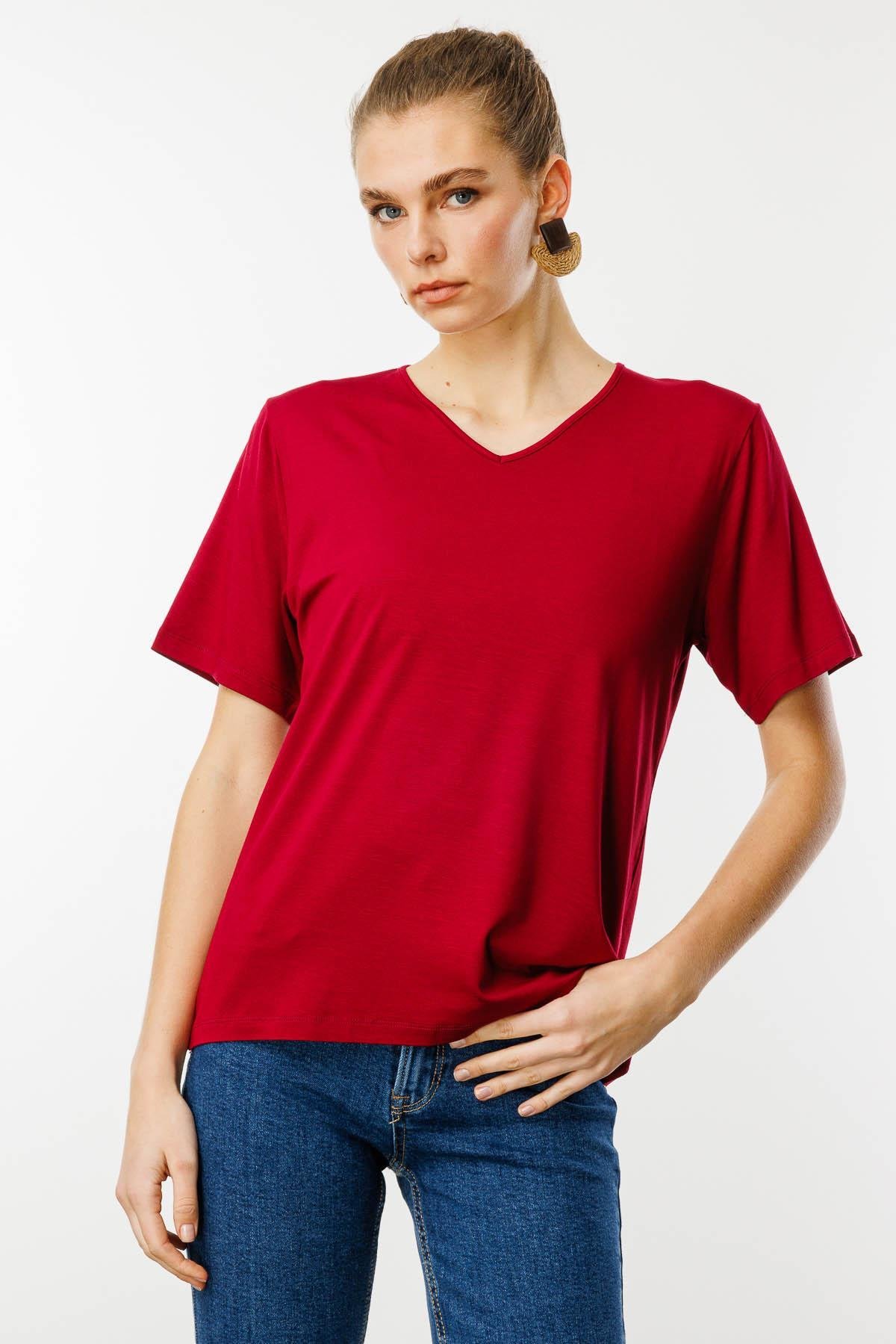 23788Kadın V Yaka Kısa Kollu Penye T-Shirt Bordo