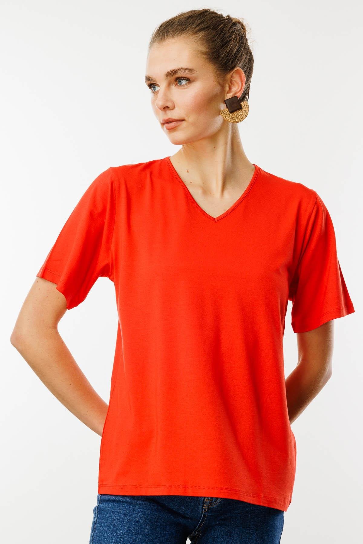 23788Kadın V Yaka Kısa Kollu Penye T-Shirt Oranj