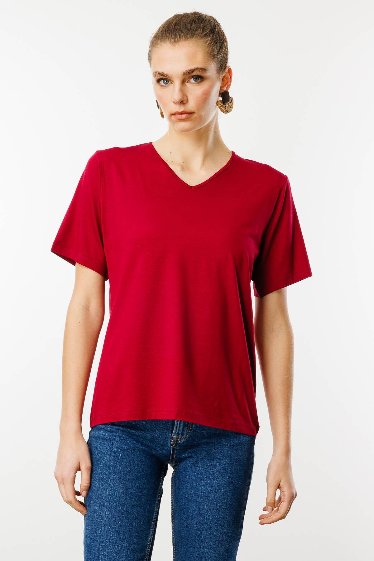 23788Kadın V Yaka Kısa Kollu Penye T-Shirt Bordo