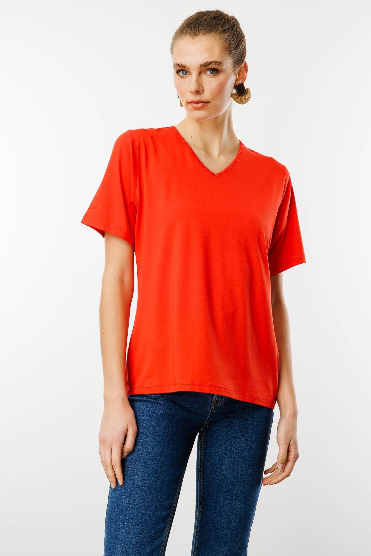23788Kadın V Yaka Kısa Kollu Penye T-Shirt Oranj