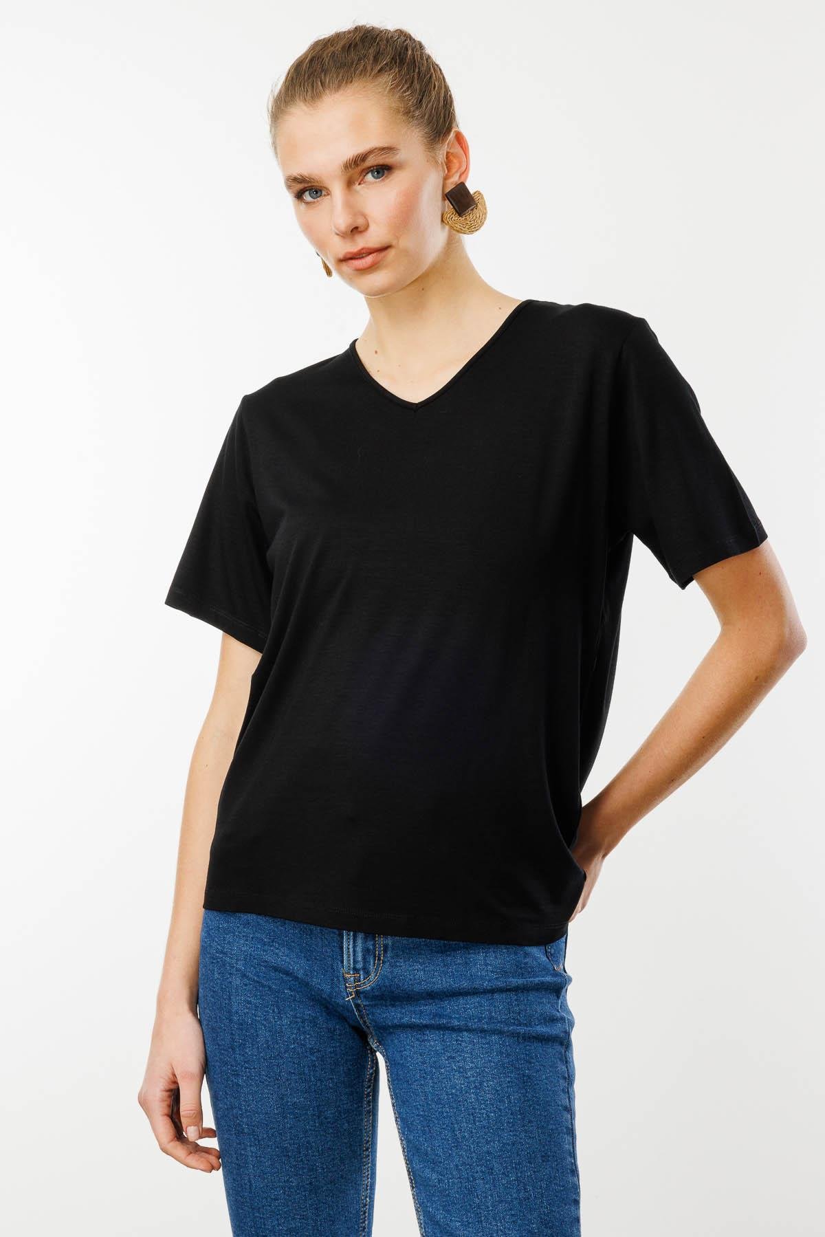 23788Kadın V Yaka Kısa Kollu Penye T-Shirt Siyah