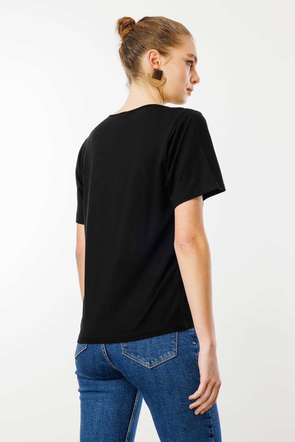 23788Kadın V Yaka Kısa Kollu Penye T-Shirt Siyah