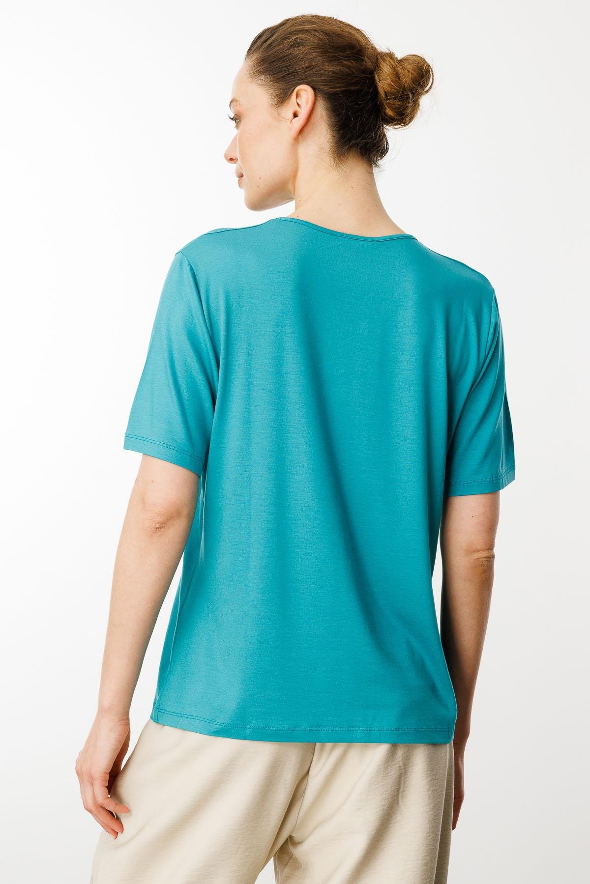 23788Kadın V Yaka Kısa Kollu Penye T-Shirt Yeşil