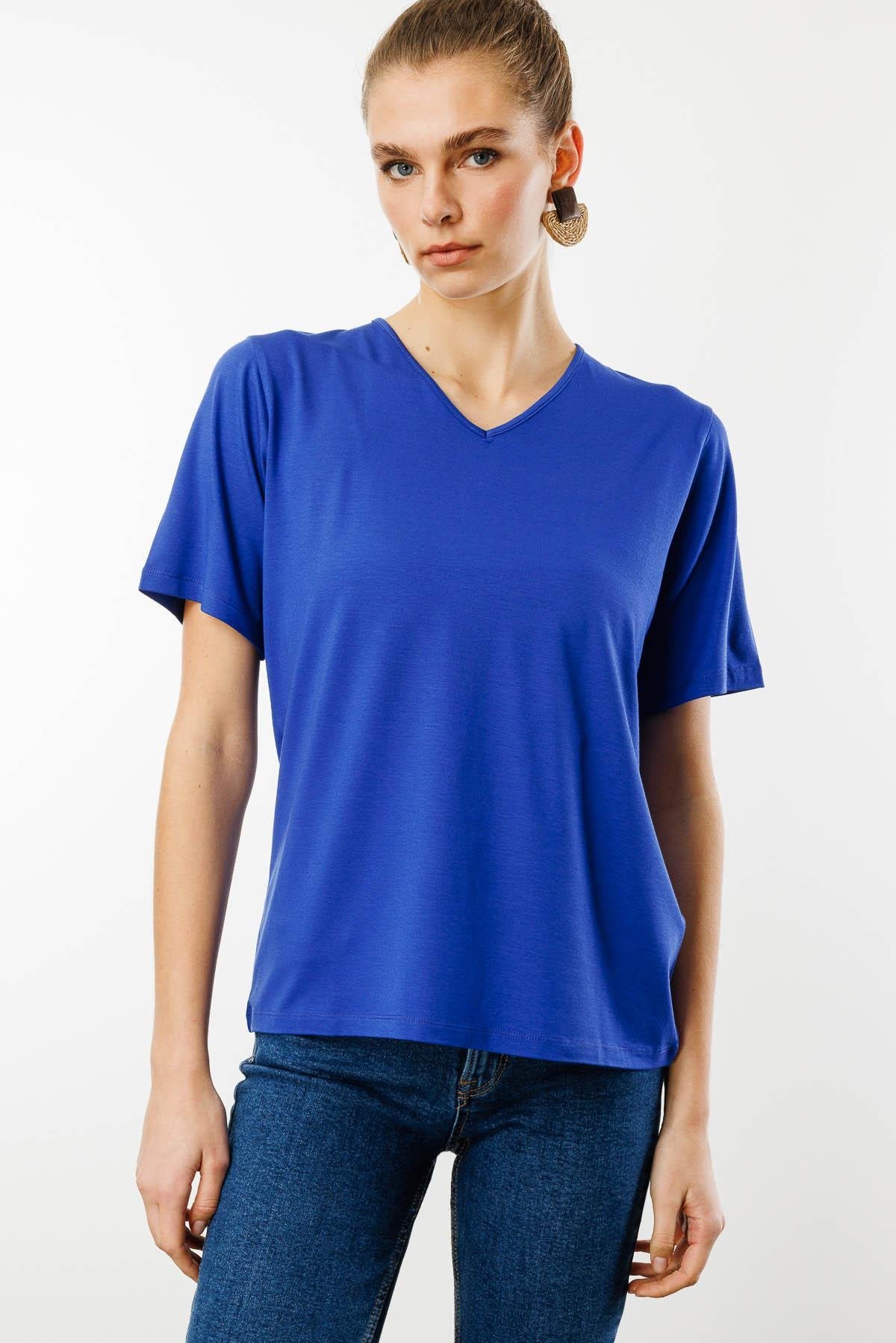 23788Kadın V Yaka Kısa Kollu Penye T-Shirt Saks