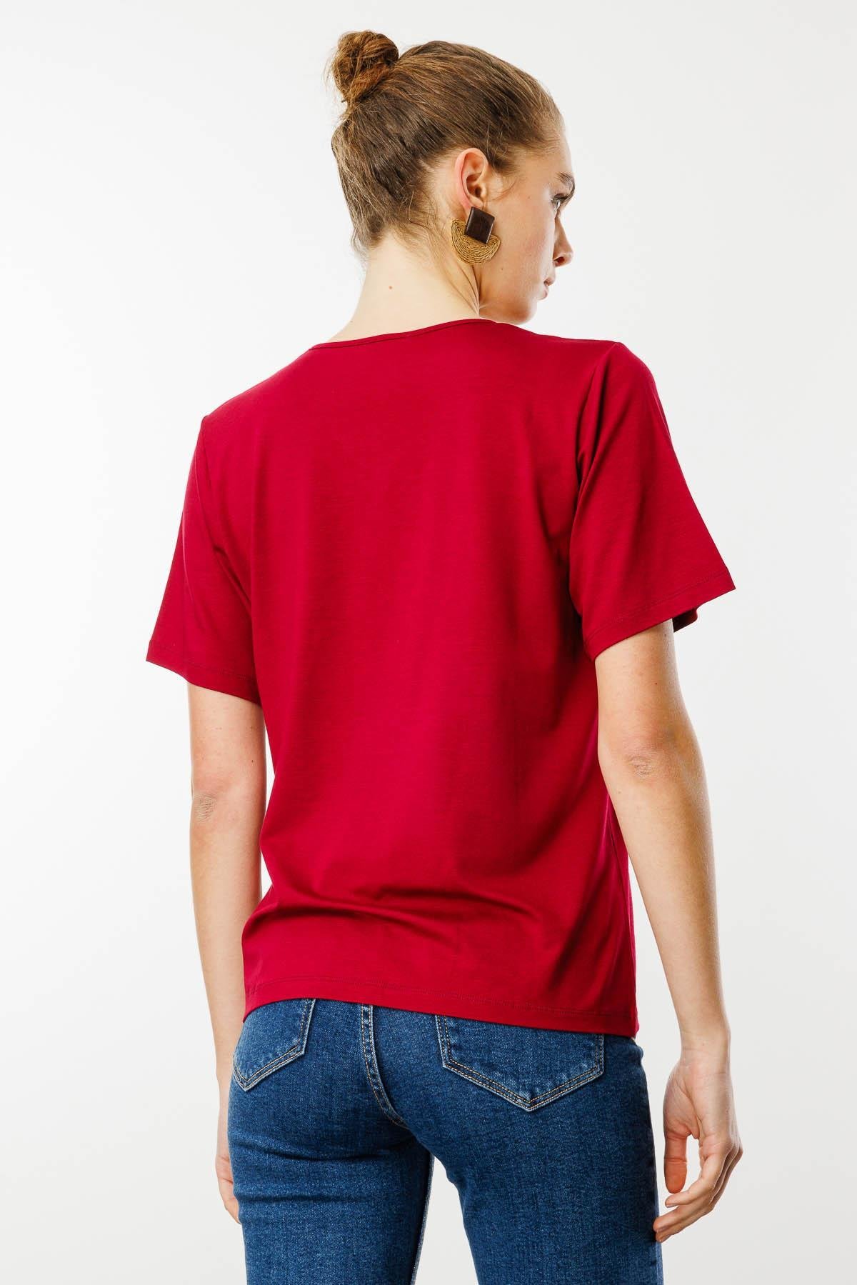 23788Kadın V Yaka Kısa Kollu Penye T-Shirt Bordo