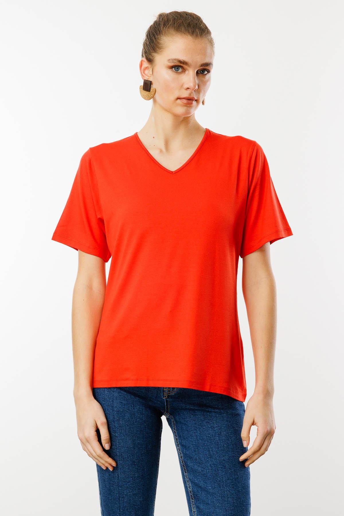 23788Kadın V Yaka Kısa Kollu Penye T-Shirt Oranj