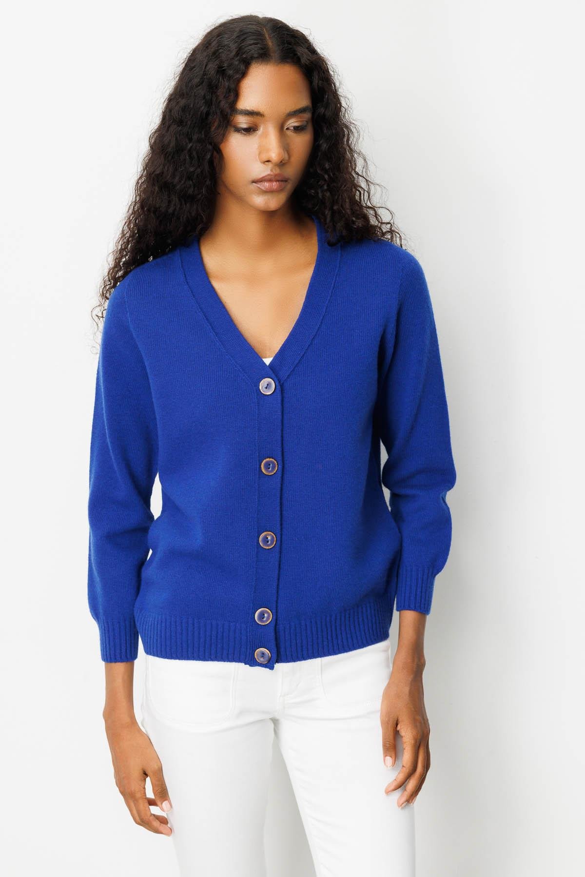 25222Kadın V Yaka Kısa Yün Hırka K.S.Mavi