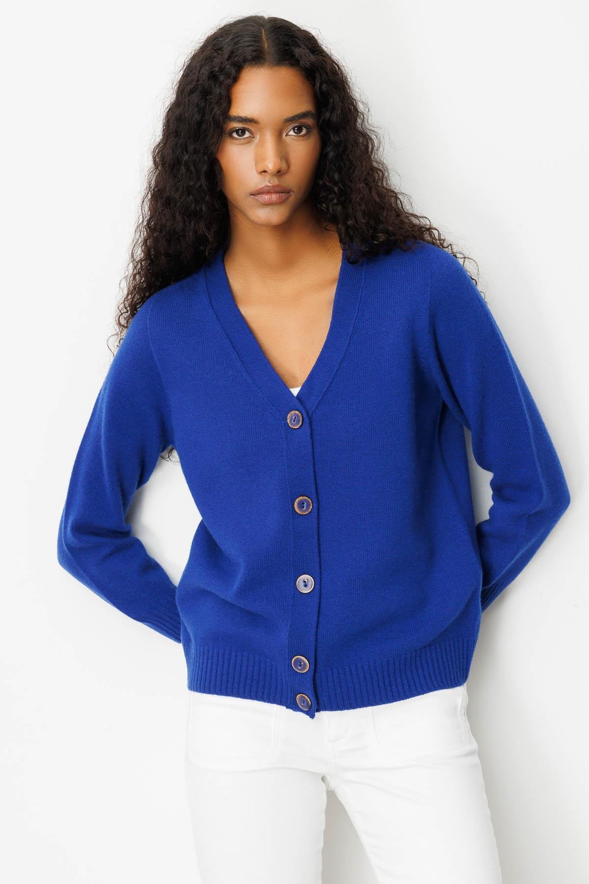 25222Kadın V Yaka Kısa Yün Hırka K.S.Mavi