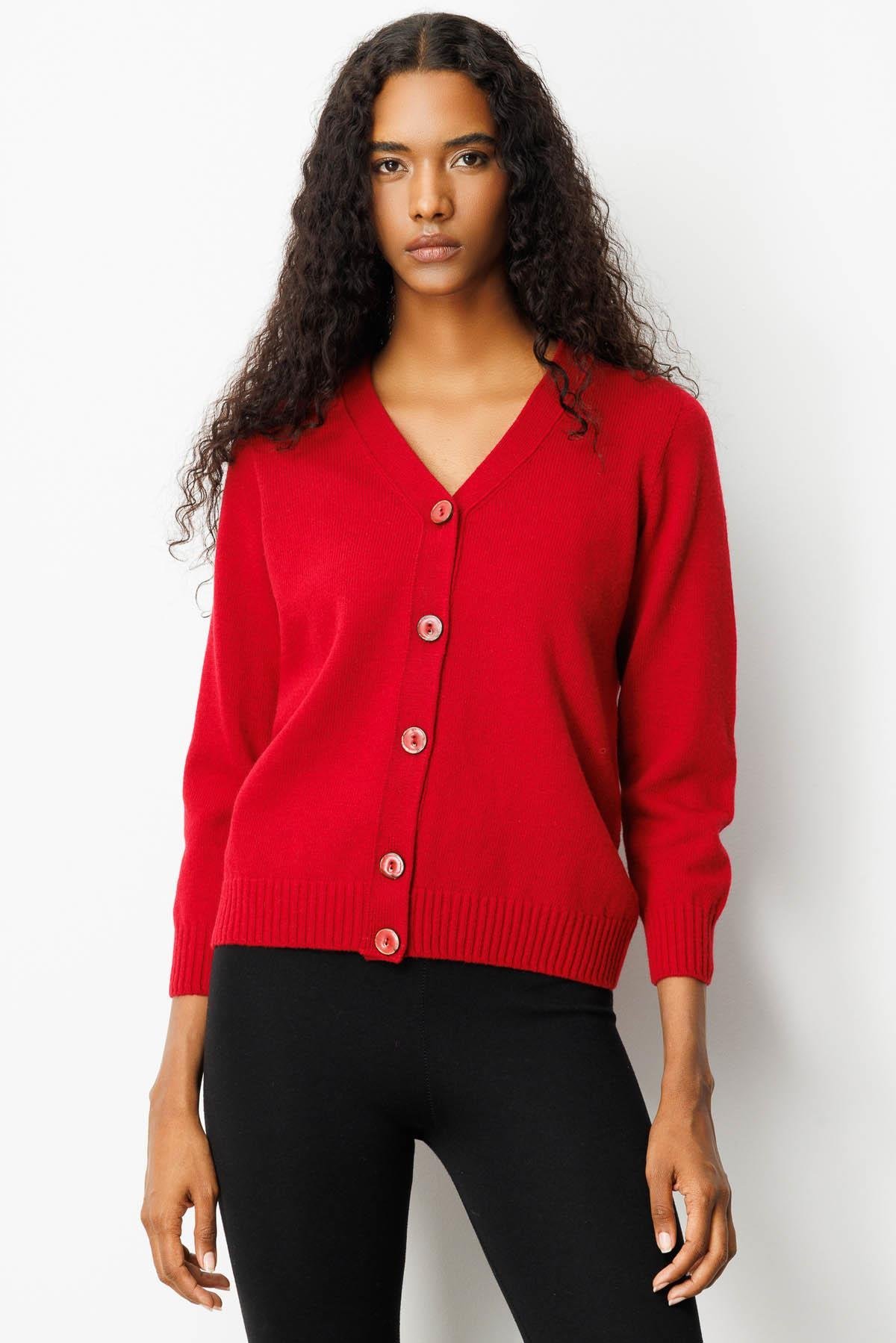 25222Kadın V Yaka Kısa Yün Hırka K.Kırmızı