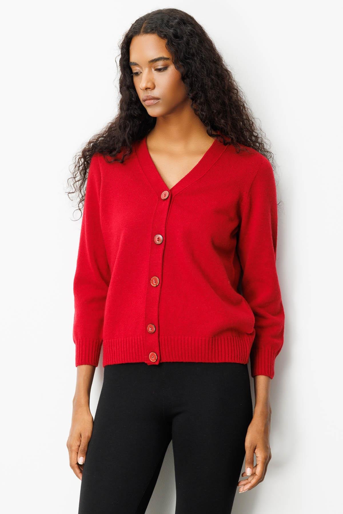 25222Kadın V Yaka Kısa Yün Hırka K.Kırmızı