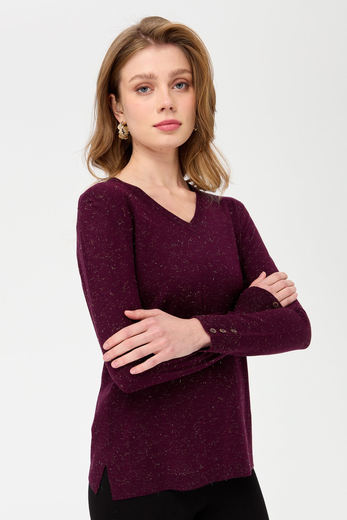 23393Kadın V Yaka Kolları Düğmeli Simli Bluz K.Mürdüm