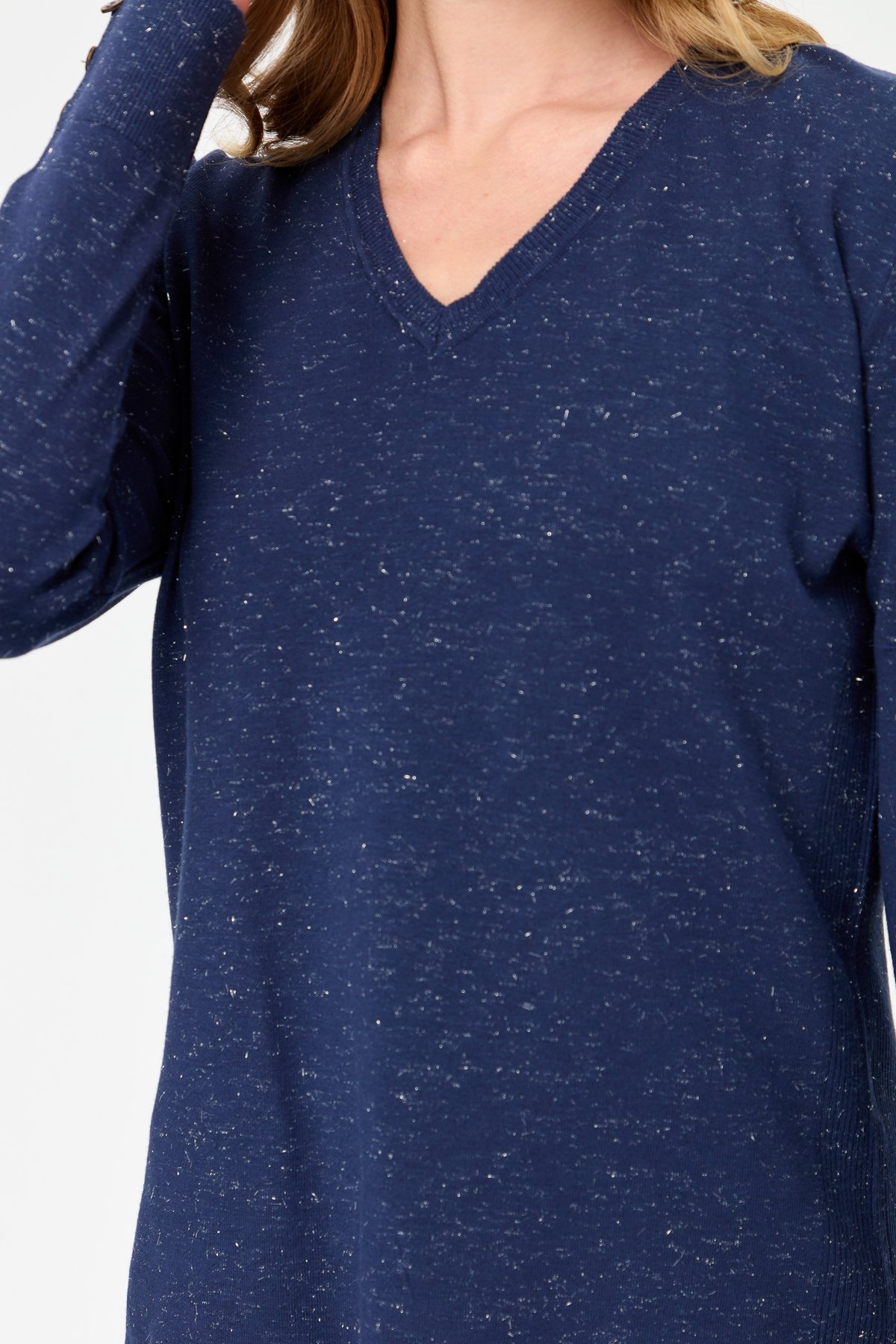 23393Kadın V Yaka Kolları Düğmeli Simli Bluz Lacivert