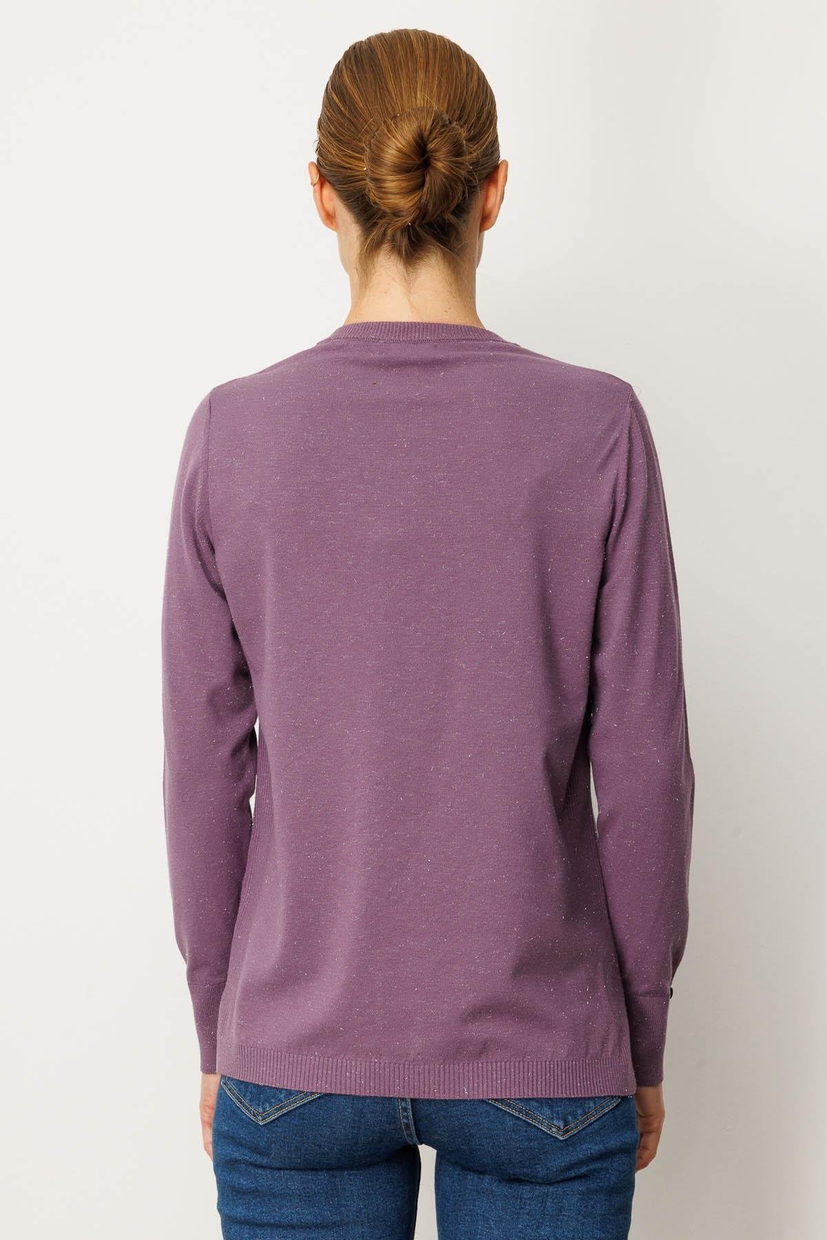 23393Kadın V Yaka Kolları Düğmeli Simli Bluz Mor