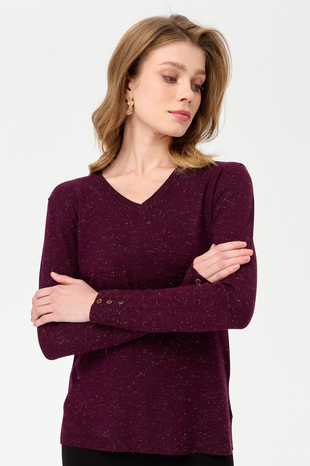 23393Kadın V Yaka Kolları Düğmeli Simli Bluz K.Mürdüm
