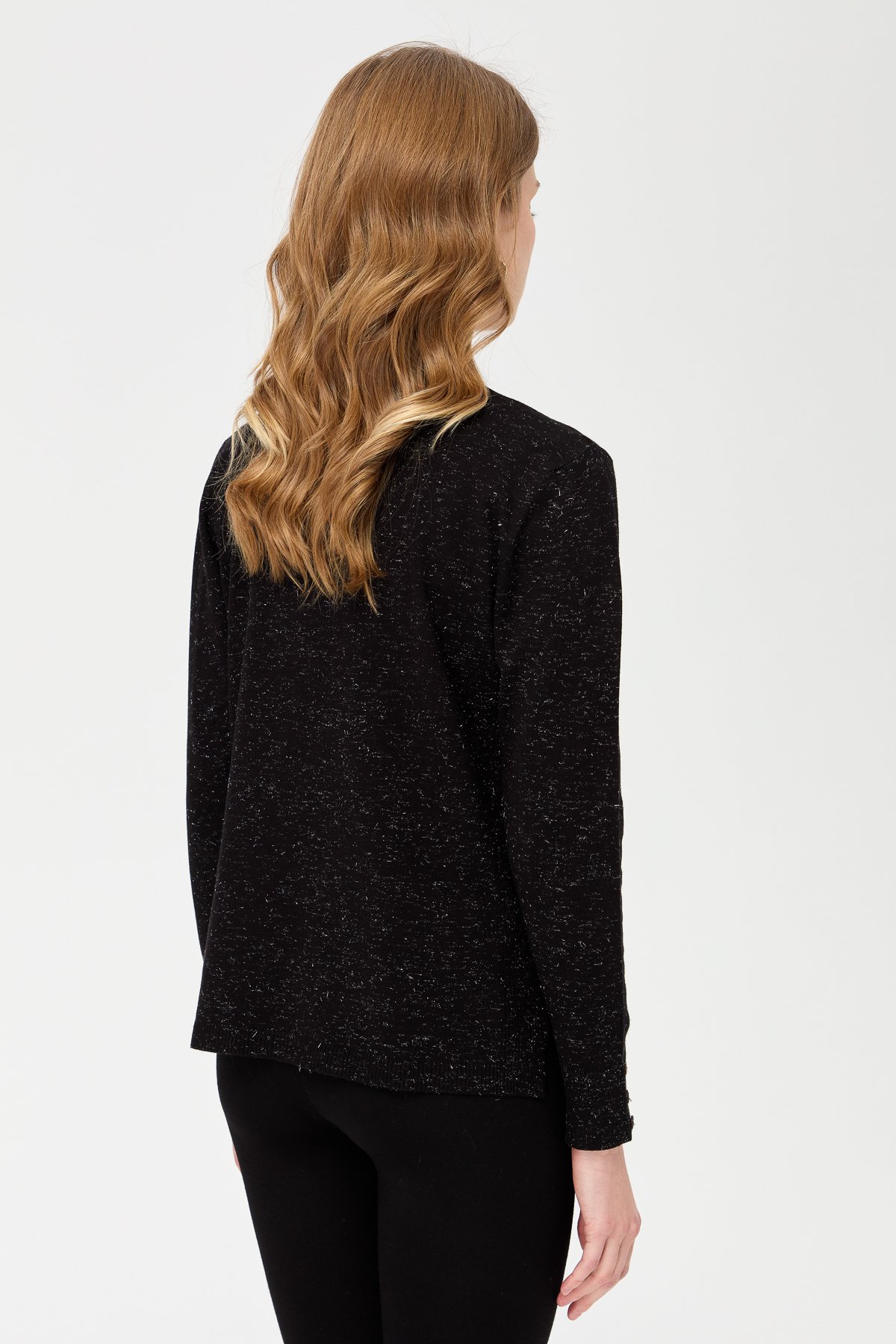 23393Kadın V Yaka Kolları Düğmeli Simli Bluz Siyah