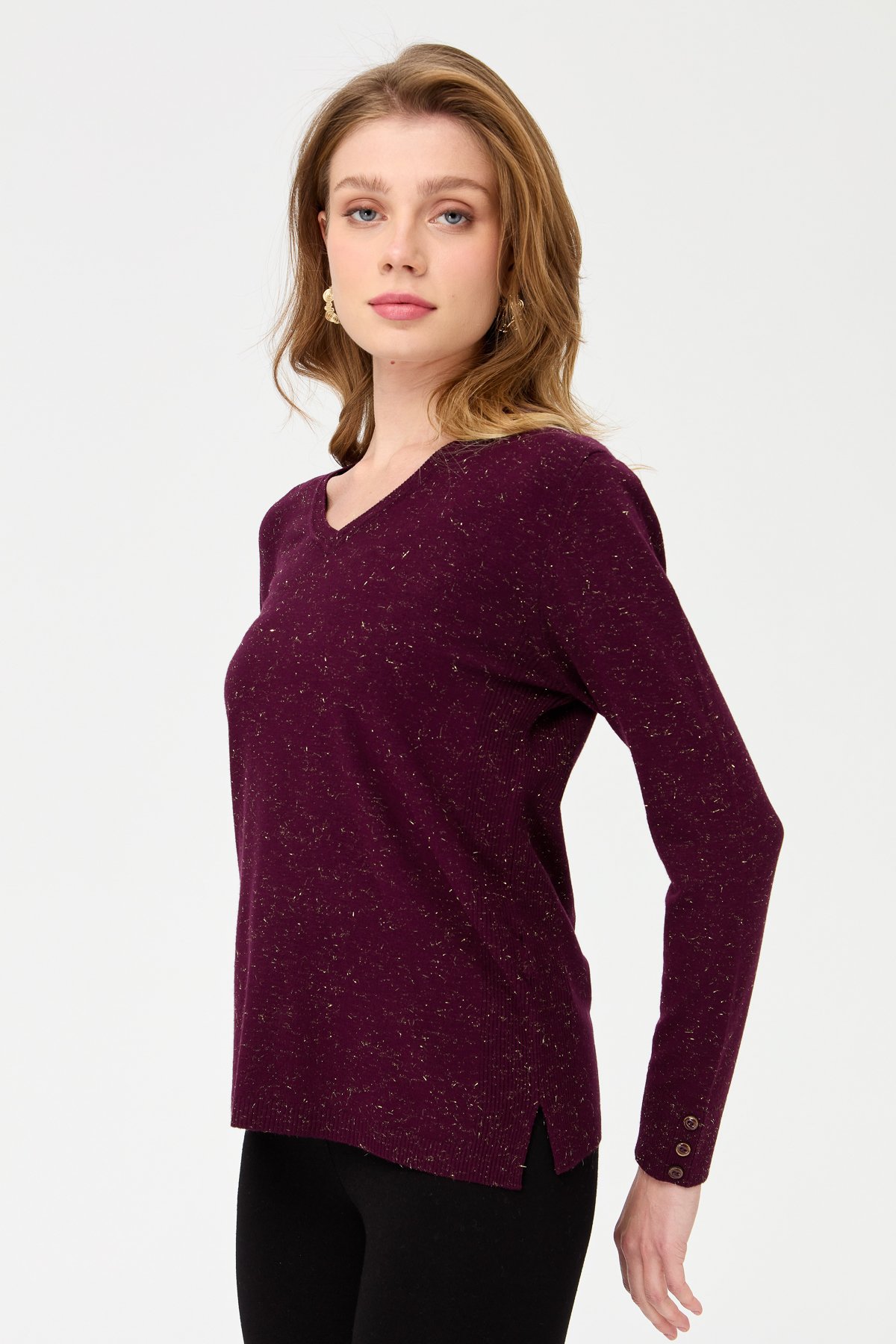 23393Kadın V Yaka Kolları Düğmeli Simli Bluz K.Mürdüm