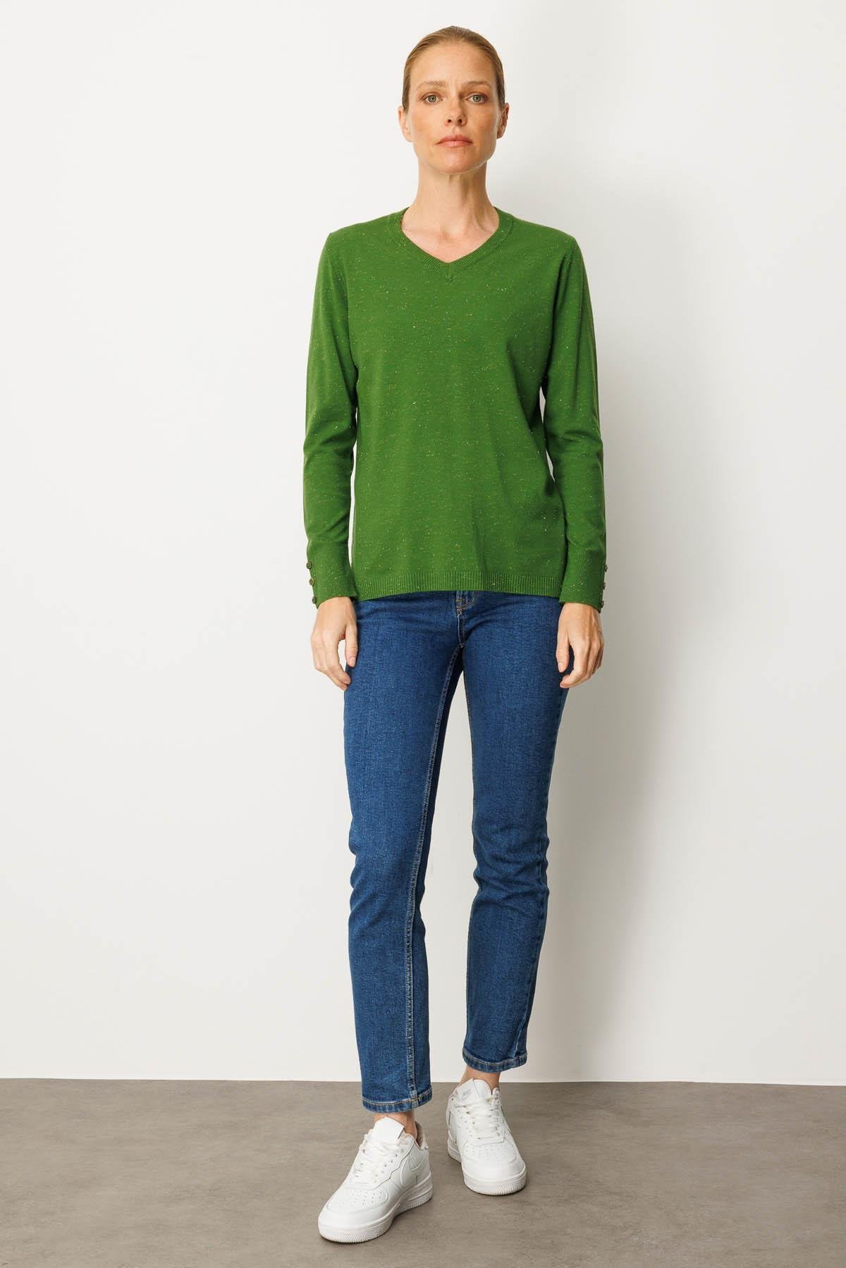 23393Kadın V Yaka Kolları Düğmeli Simli Bluz K.Yosun