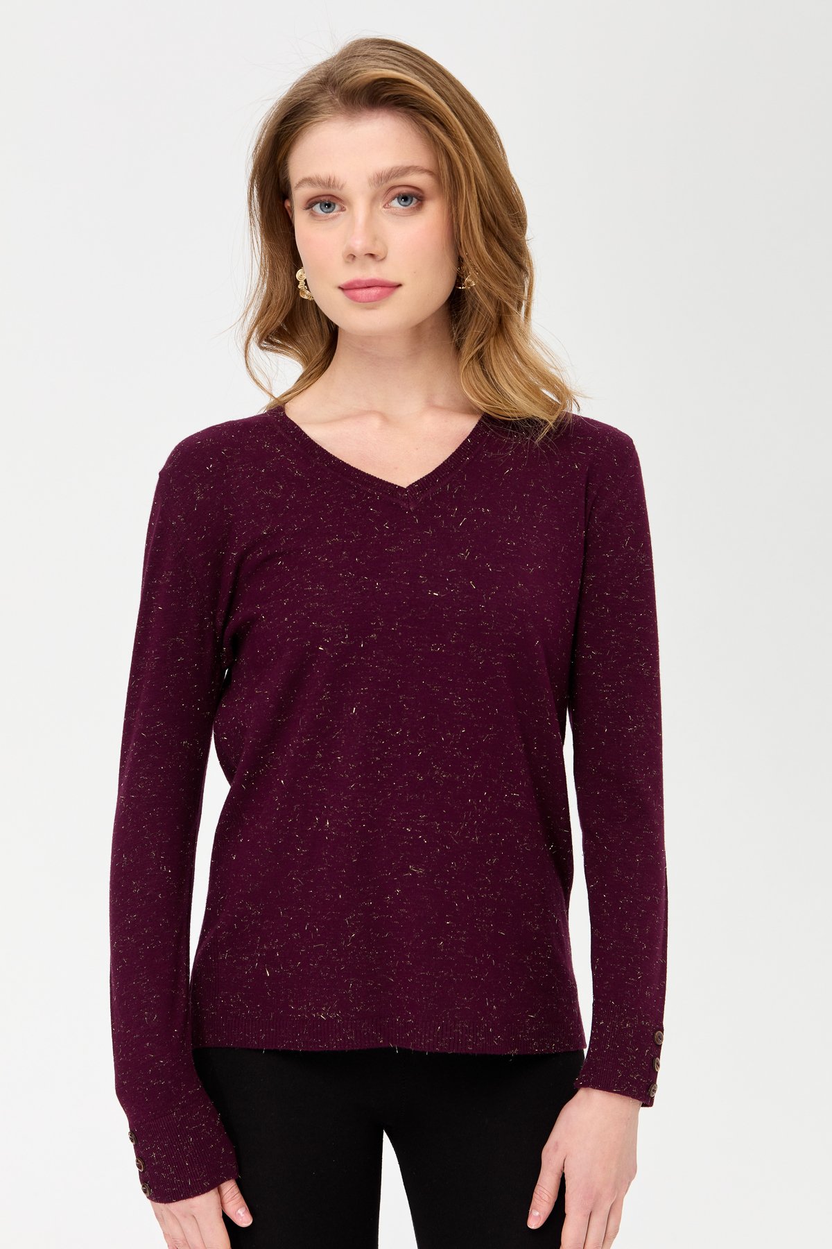 23393Kadın V Yaka Kolları Düğmeli Simli Bluz K.Mürdüm