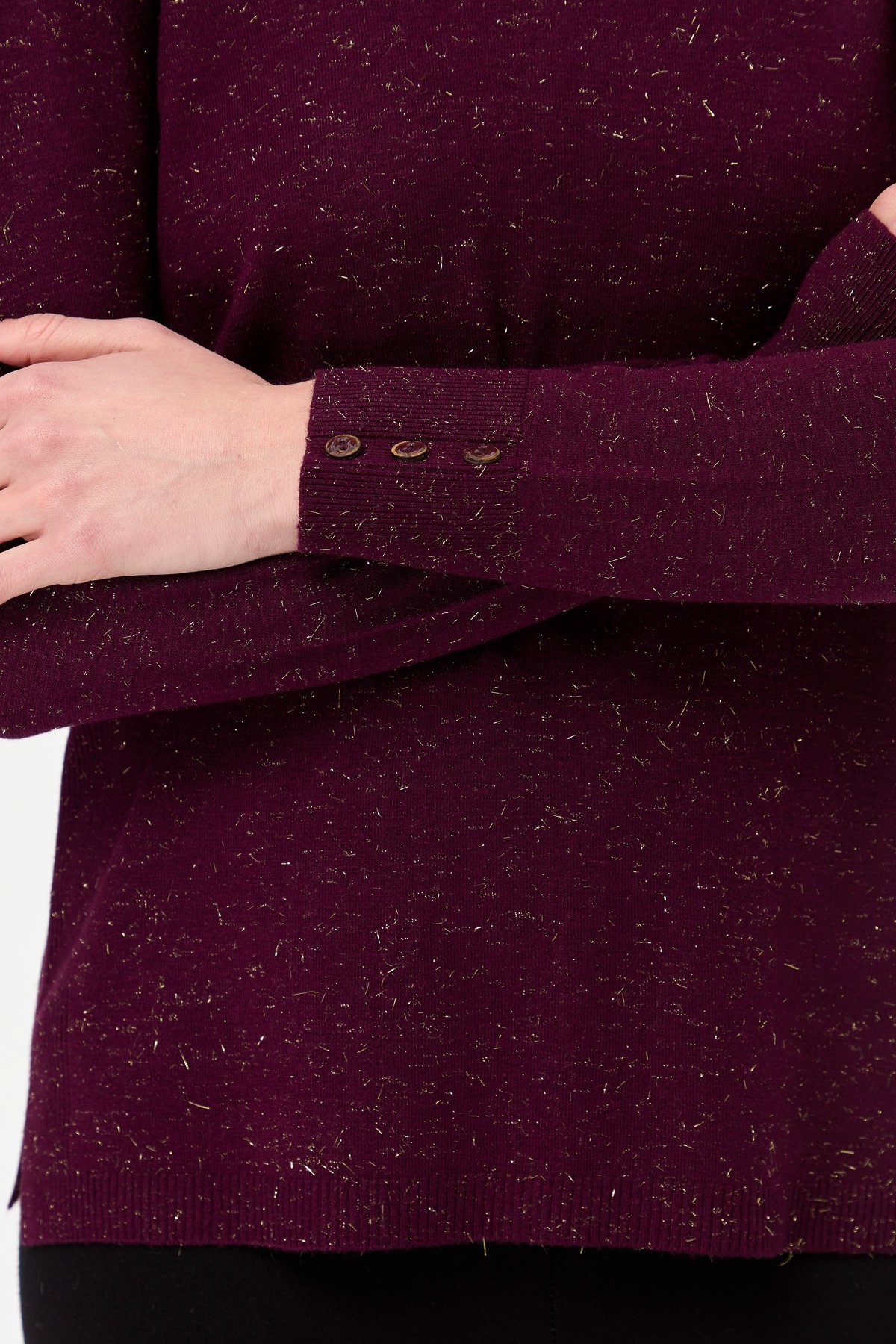 23393Kadın V Yaka Kolları Düğmeli Simli Bluz K.Mürdüm