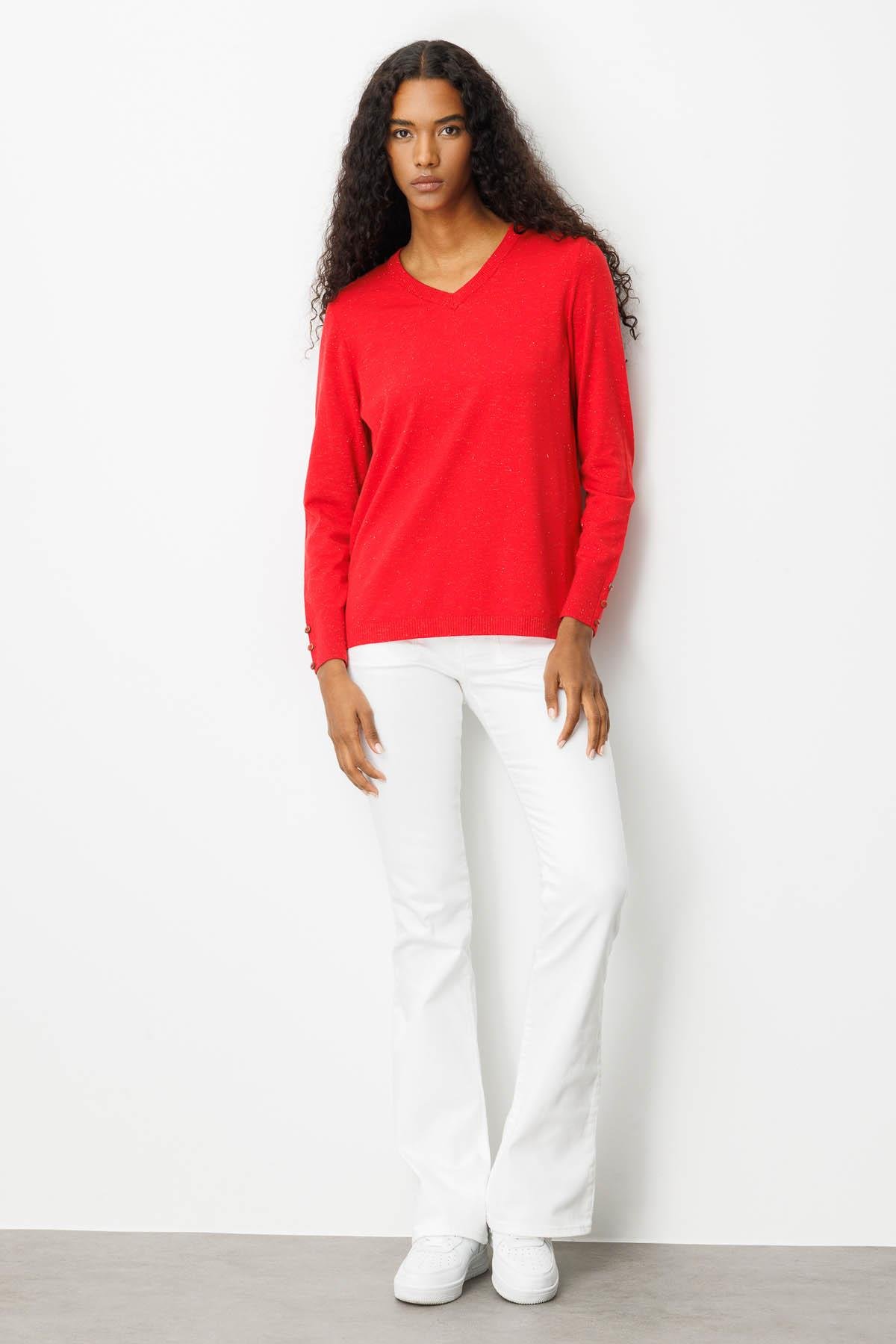 23393Kadın V Yaka Kolları Düğmeli Simli Bluz A.Kırmızı