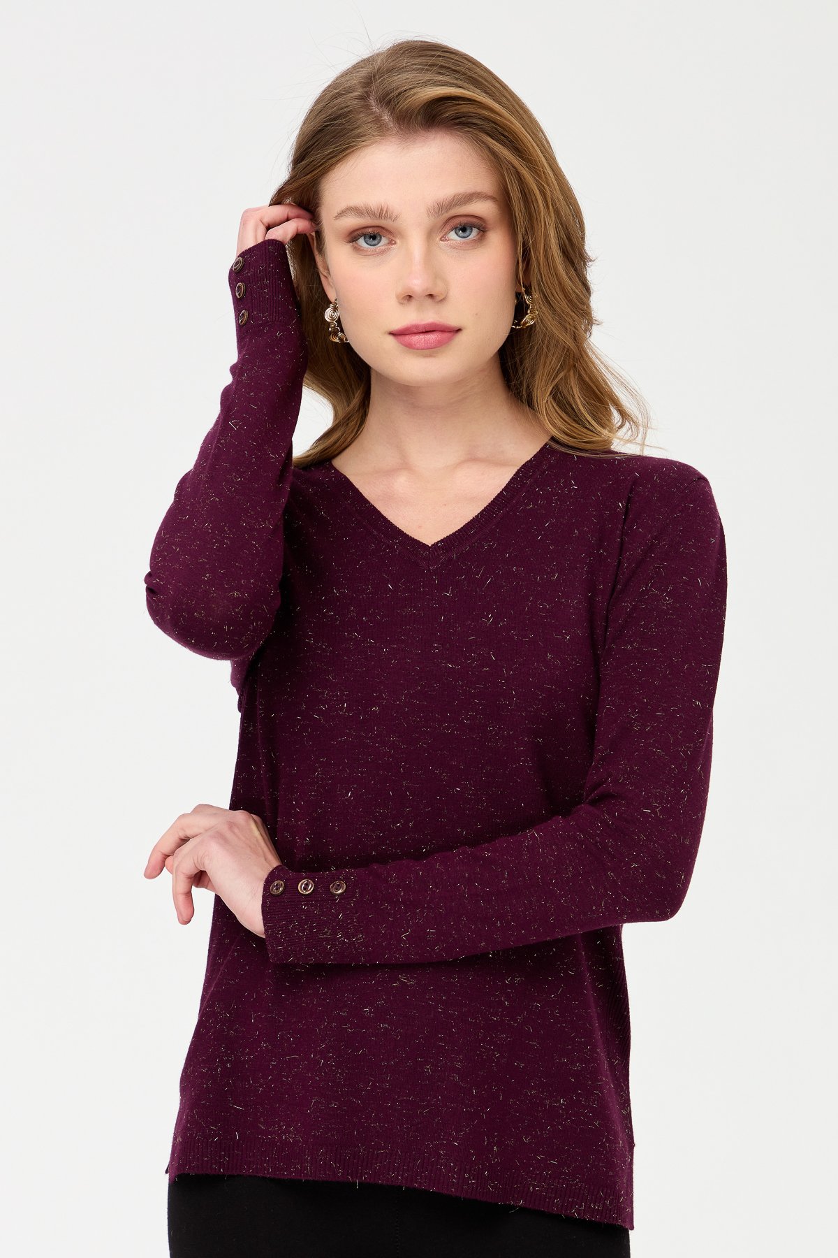 23393Kadın V Yaka Kolları Düğmeli Simli Bluz K.Mürdüm