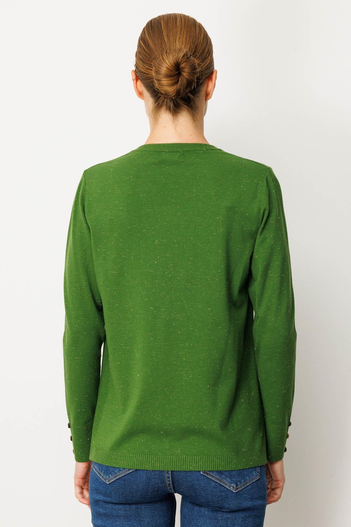 23393Kadın V Yaka Kolları Düğmeli Simli Bluz K.Yosun