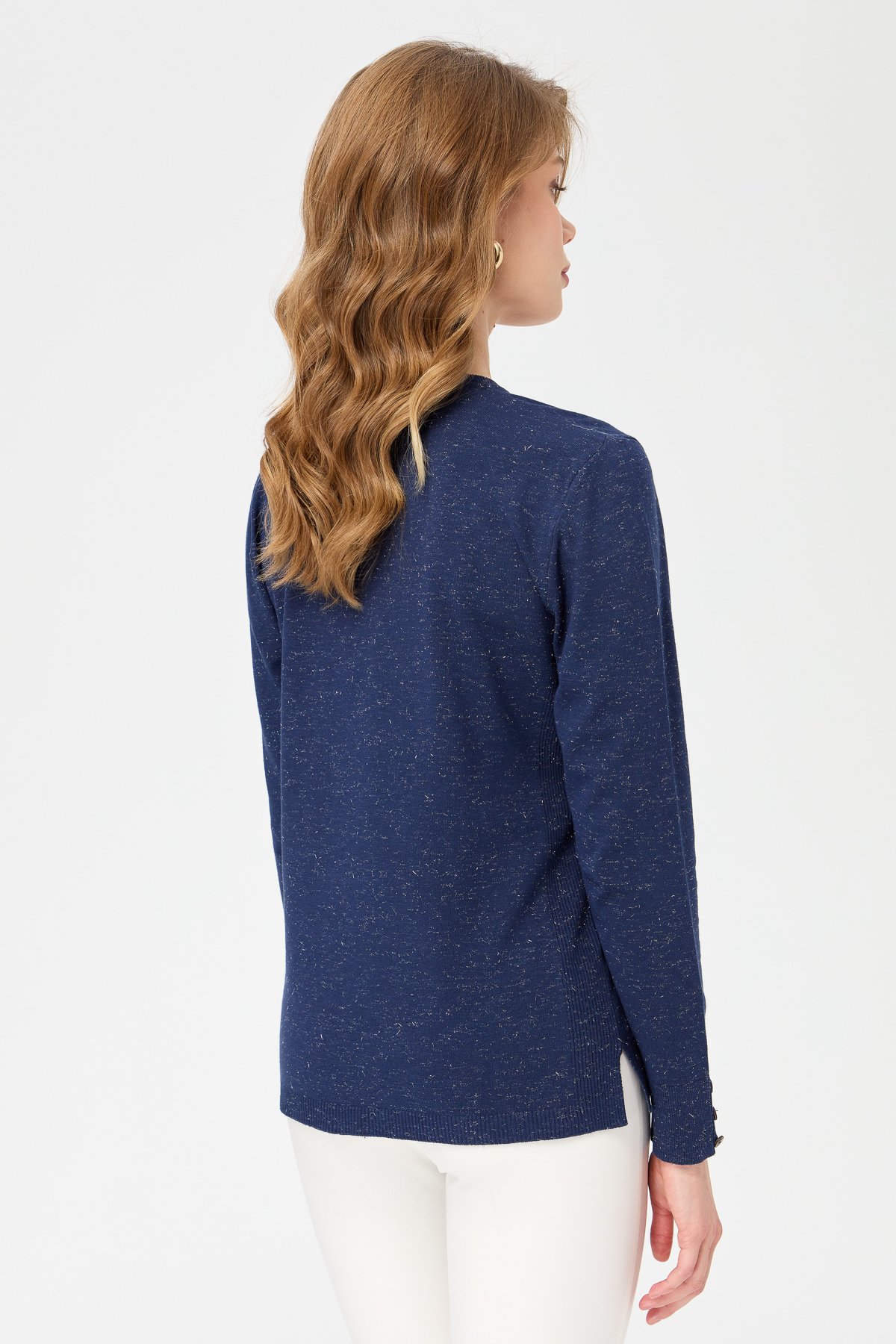 23393Kadın V Yaka Kolları Düğmeli Simli Bluz Lacivert